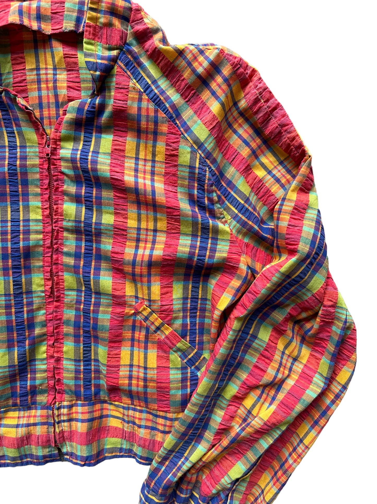 Front left side view of 1950s Seersucker Plaid Zip Up Jacket | Seattle True Vintage | Barn Owl Ladies Jackets