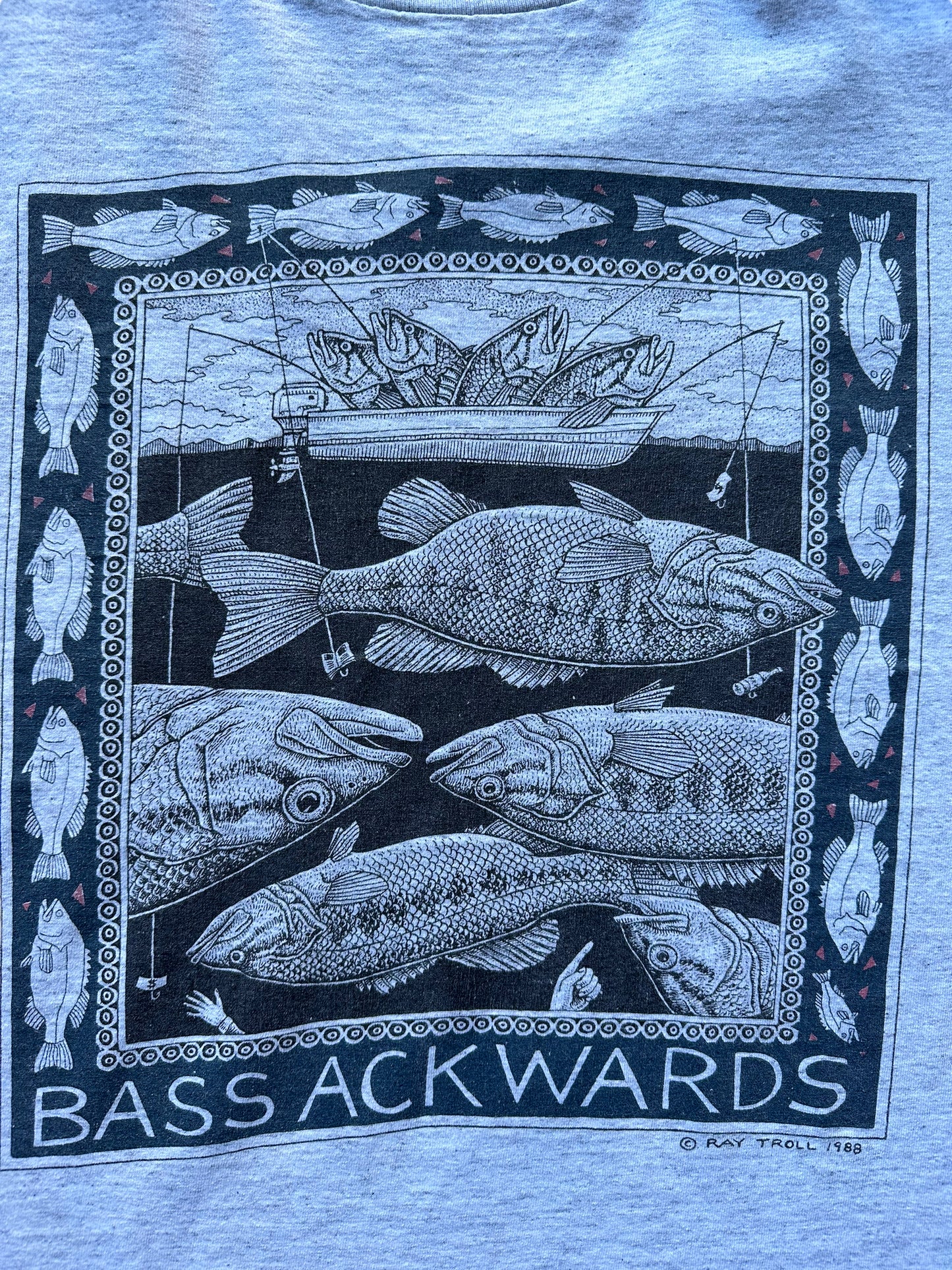 Graphic of Vintage Ray Troll Bass Ackwards Tee SZ M | Vintage Fishing Tee Seattle | Barn Owl Vintage