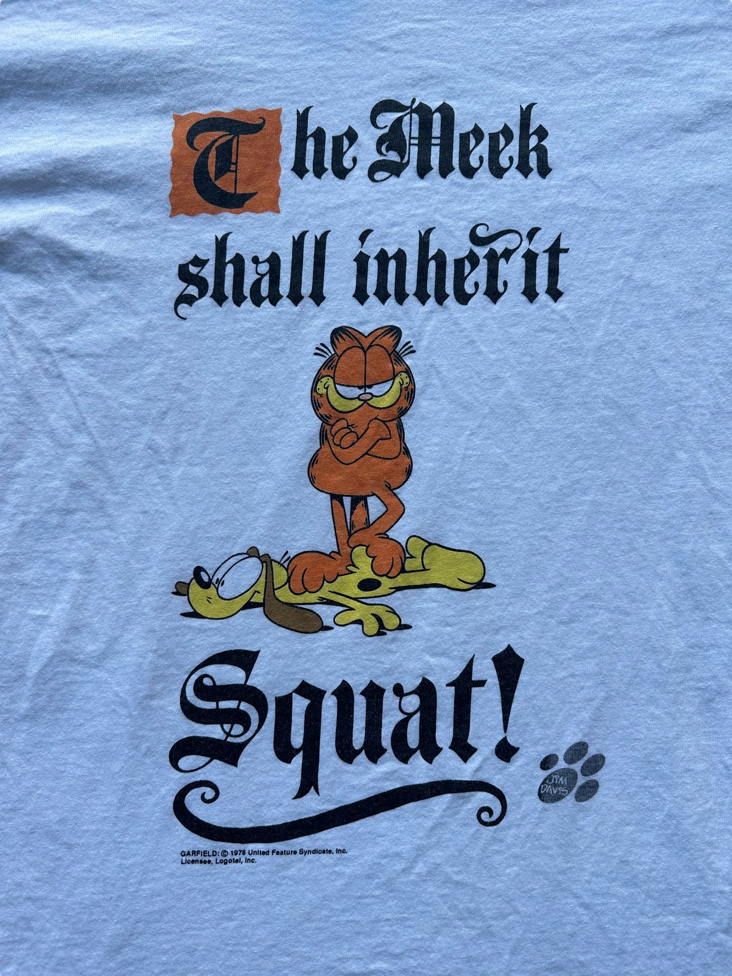 Graphic of Vintage Garfield "The Meek Shall Inherit Squat" Tee SZ XL | Vintage Cat Tee Seattle | Barn Owl Vintage