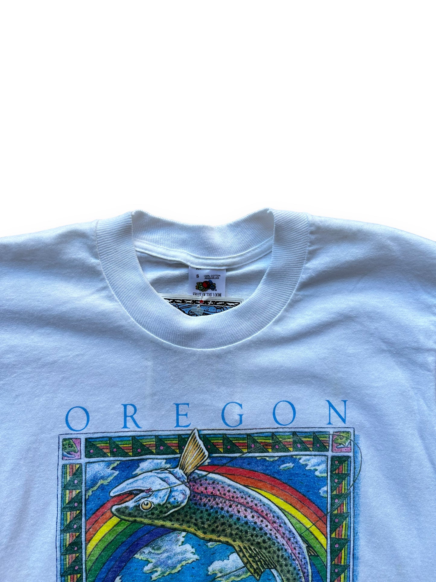 Collar of Vintage Ray Troll Deadstock Oregon "Under the Rainbow" Tee SZ S | Vintage Fishing Tee Seattle | Barn Owl Vintage