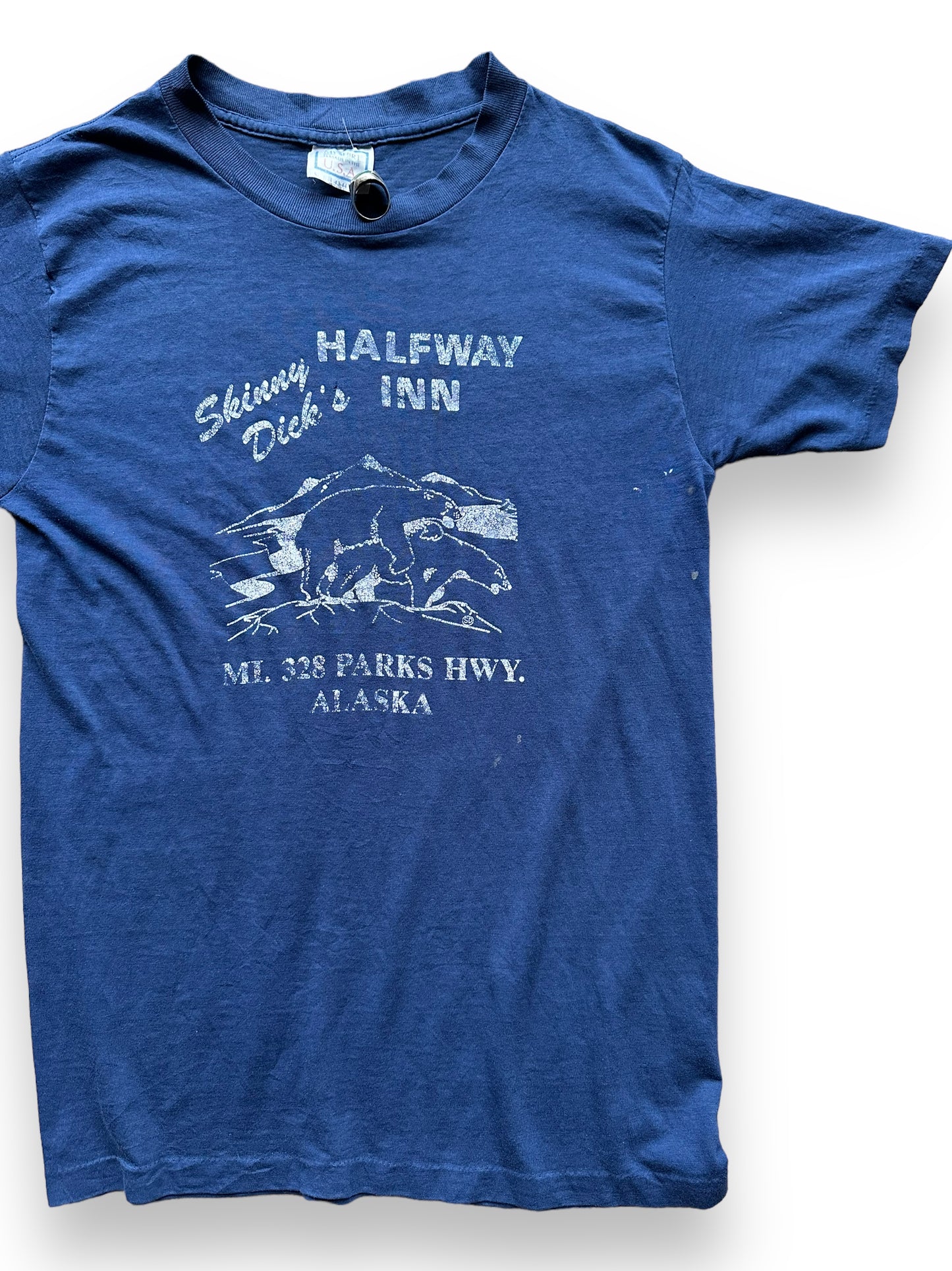 Front left of Vintage Skinny Dicks Halfway Inn Alaska Tee SZ L | Vintage Alaska T-Shirts Seattle | Barn Owl Vintage Tees Seattle