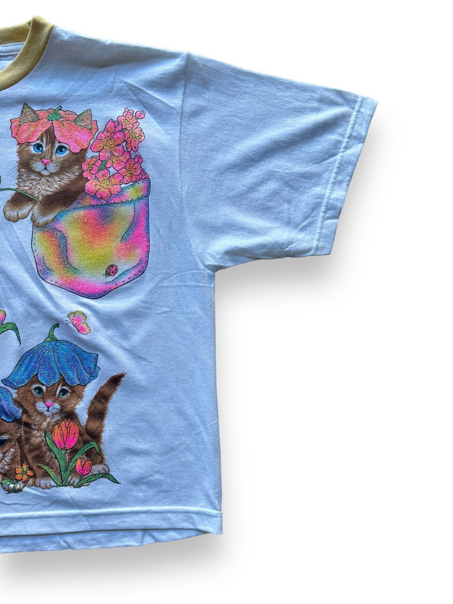 Front left on Vintage Yellow Glitter Cat Ringer Tee SZ M | Vintage Cat Tee Seattle | Barn Owl Vintage
