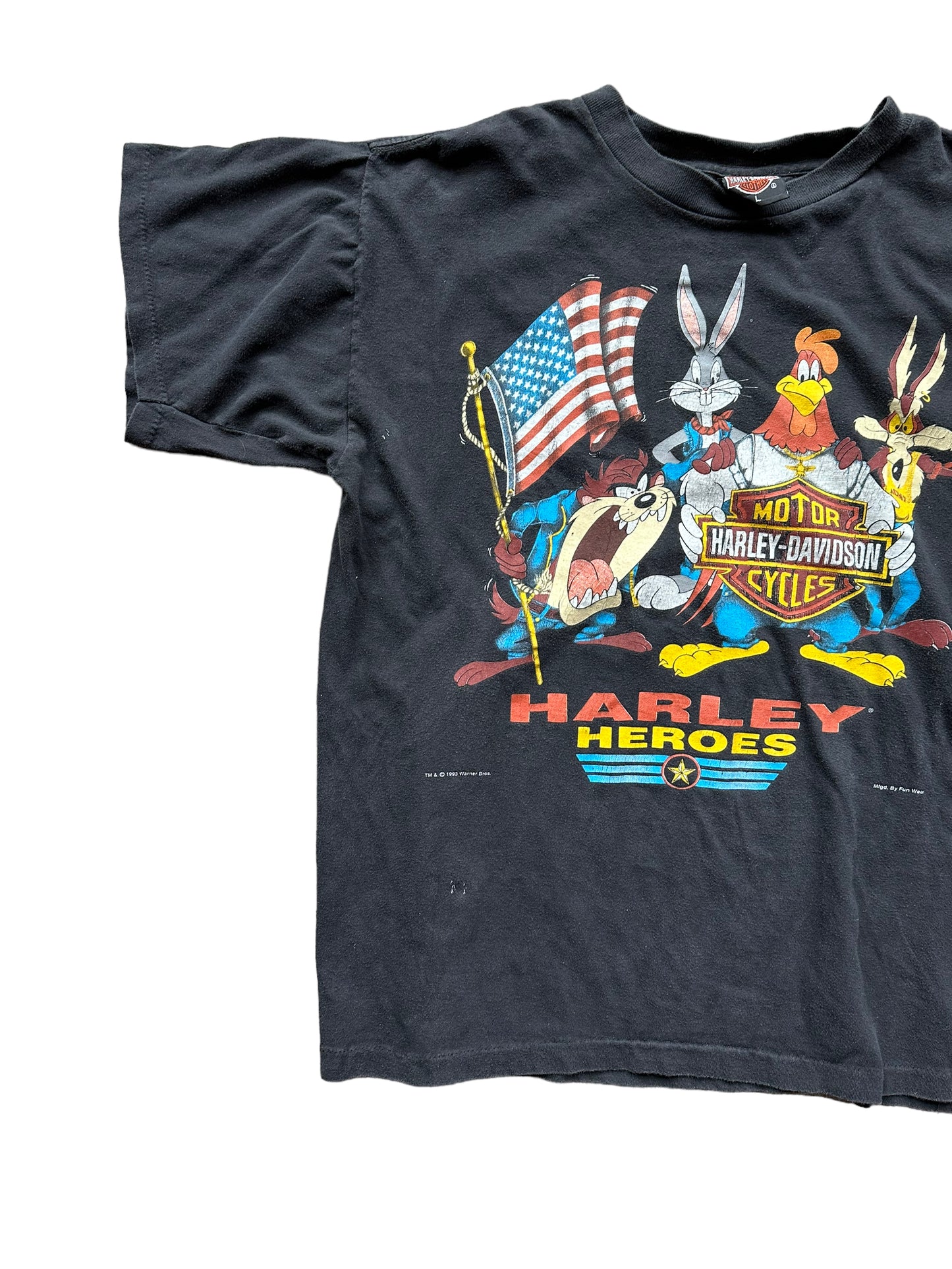 Front right of Vintage 1993 Looney Tunes Harley Davidson Tee SZ L | Vintage Harley Tee | Barn Owl Vintage Seattle