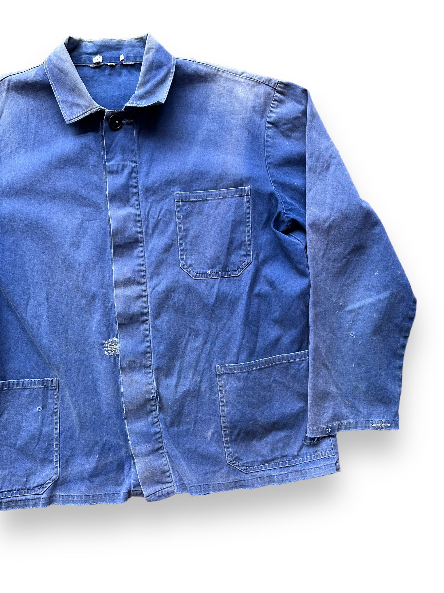 Front Left View of Vintage Faded French Workwear Chore Coat SZ L | Vintage European Workwear Seattle | Barn Owl Vintage Goods Seattle
