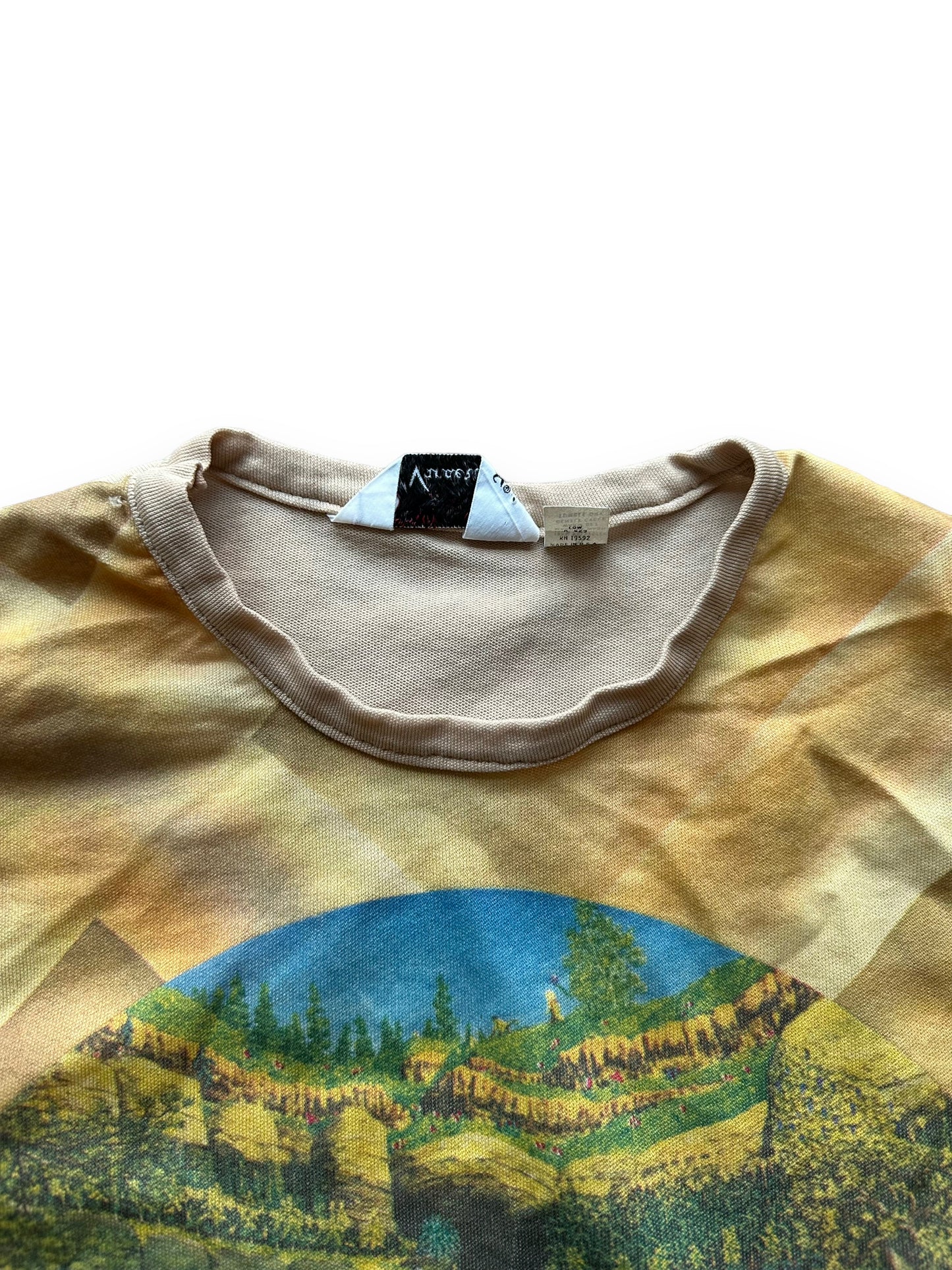 Collar of Vintage Hippie Print Poly L/S Tee SZ M | Vintage Art Tee Seattle | Barn Owl Vintage
