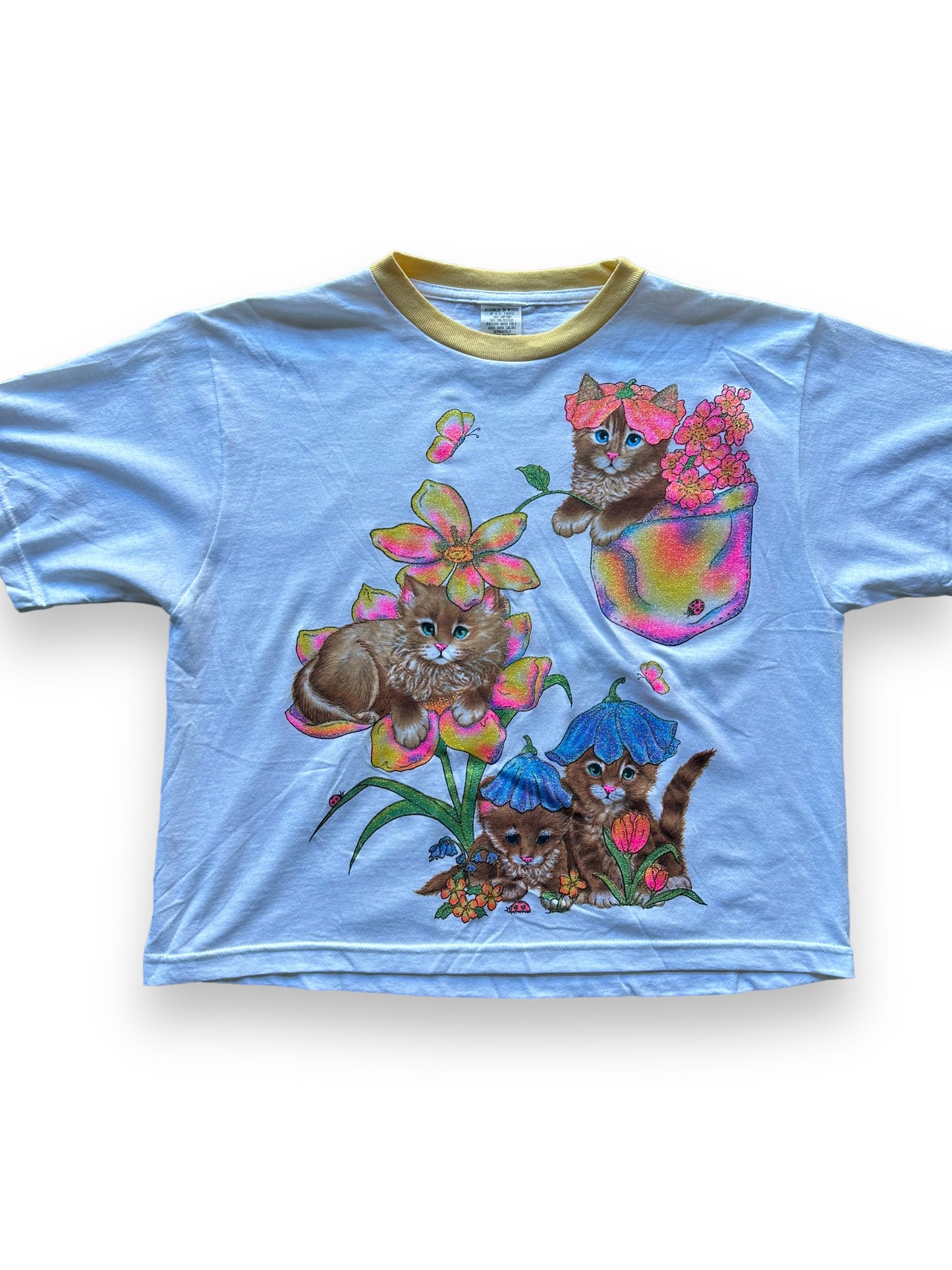Front close up of Vintage Yellow Glitter Cat Ringer Tee SZ M | Vintage Cat Tee Seattle | Barn Owl Vintage