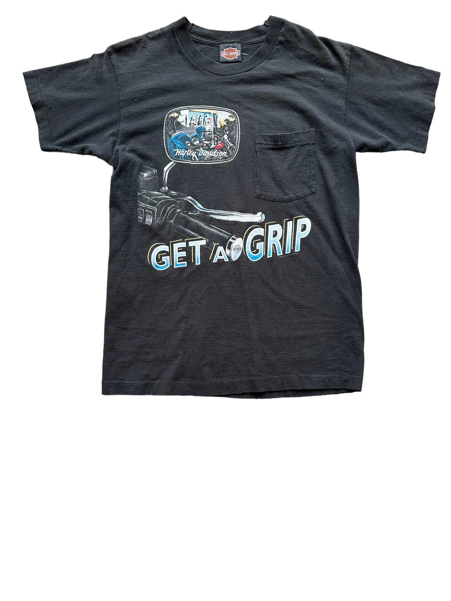 Front of Vintage Harley Davidson Get a Grip Pocket Tee SZ M | Vintage Harley Tee | Barn Owl Vintage Seattle
