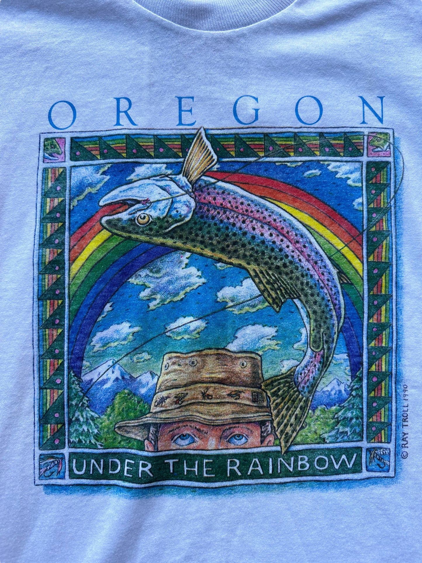 Graphic of Vintage Ray Troll Deadstock Oregon "Under the Rainbow" Tee SZ S | Vintage Fishing Tee Seattle | Barn Owl Vintage