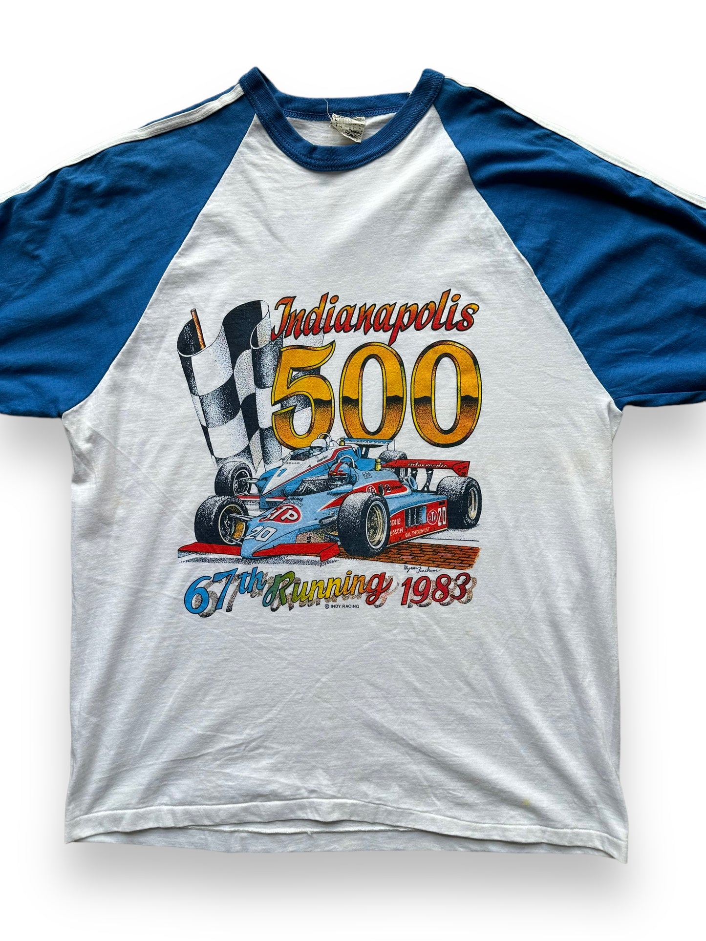 Front close up of Vintage 1983 Indianapolis 500 Raglan Tee SZ M | Vintage Auto Tee Seattle | Barn Owl Vintage