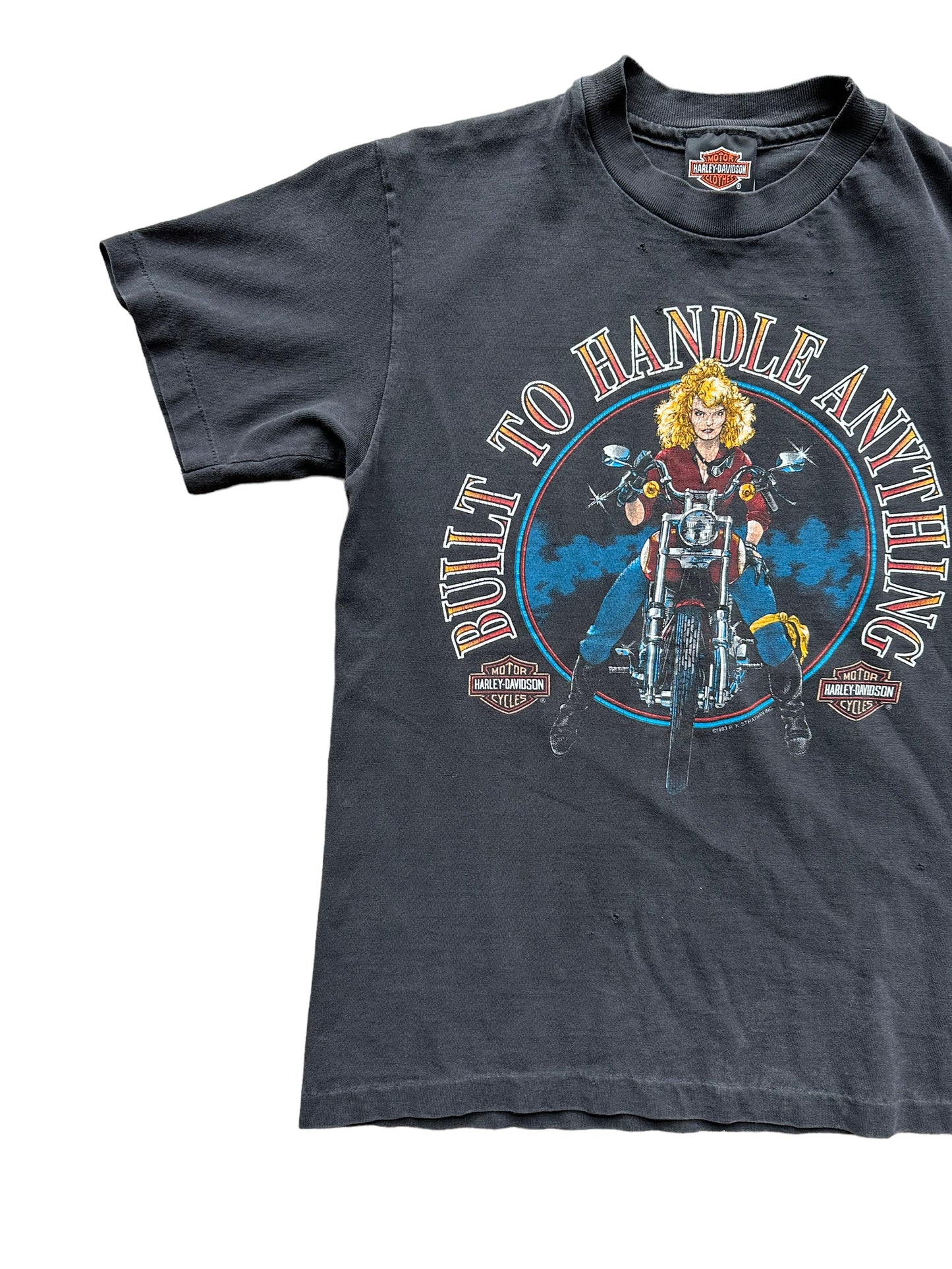Front right of Vintage 1993 "Built to Handle Anything" West LA Harley Davidson Tee SZ S | Vintage Harley Tee | Barn Owl Vintage Seattle