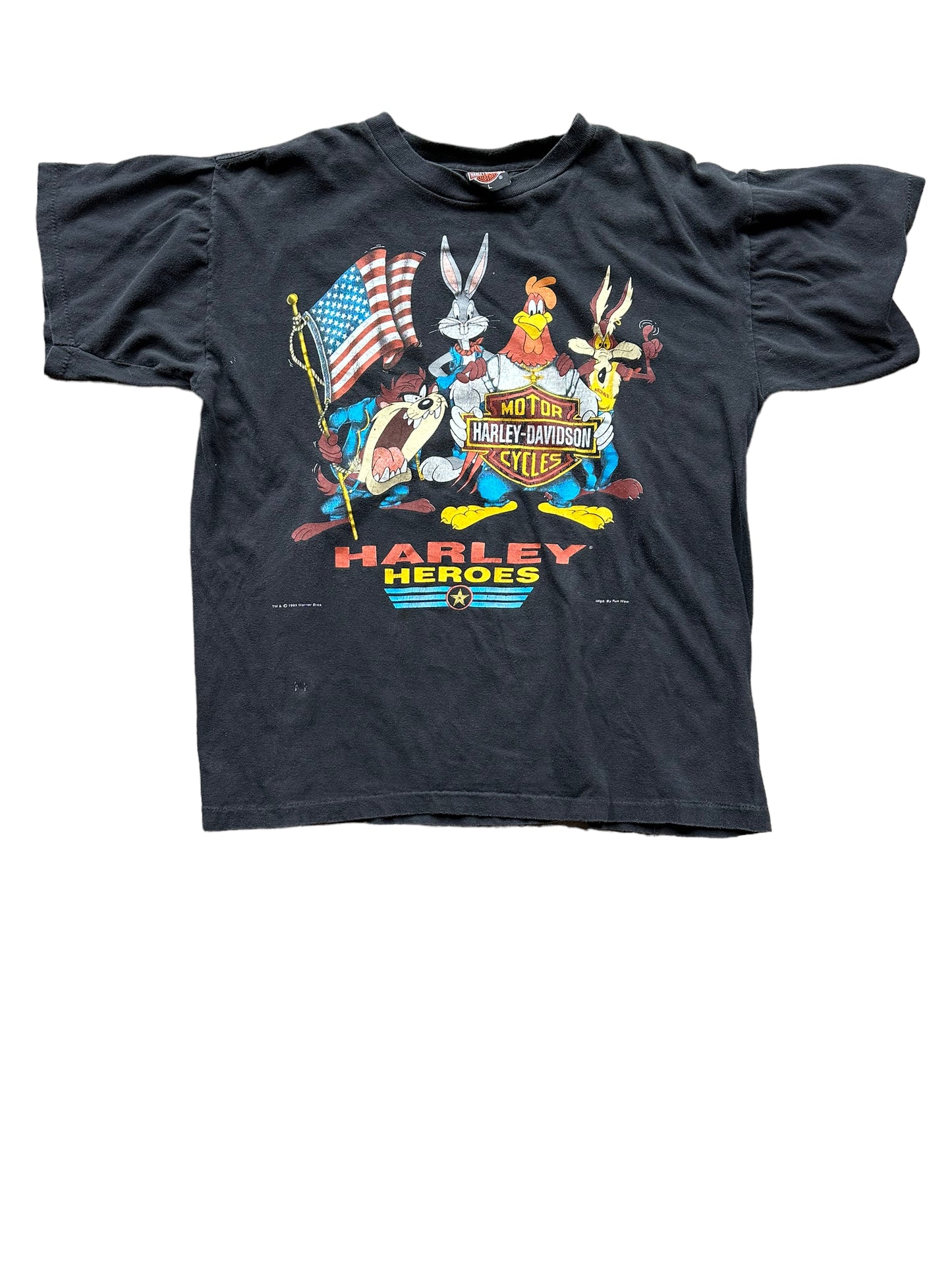 Front of Vintage 1993 Looney Tunes Harley Davidson Tee SZ L | Vintage Harley Tee | Barn Owl Vintage Seattle
