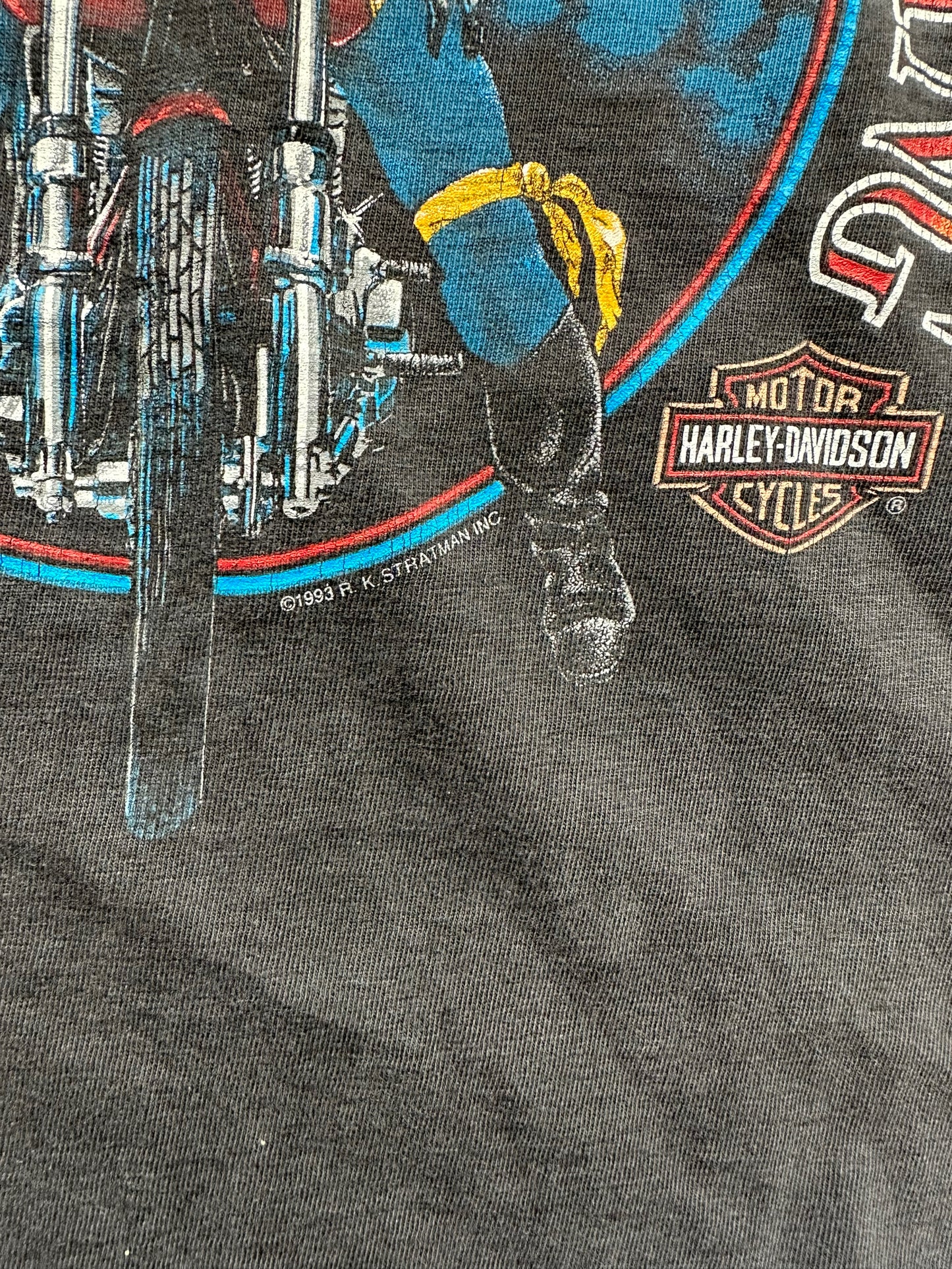 Graphic detail shot of Vintage 1993 "Built to Handle Anything" West LA Harley Davidson Tee SZ S | Vintage Harley Tee | Barn Owl Vintage Seattle