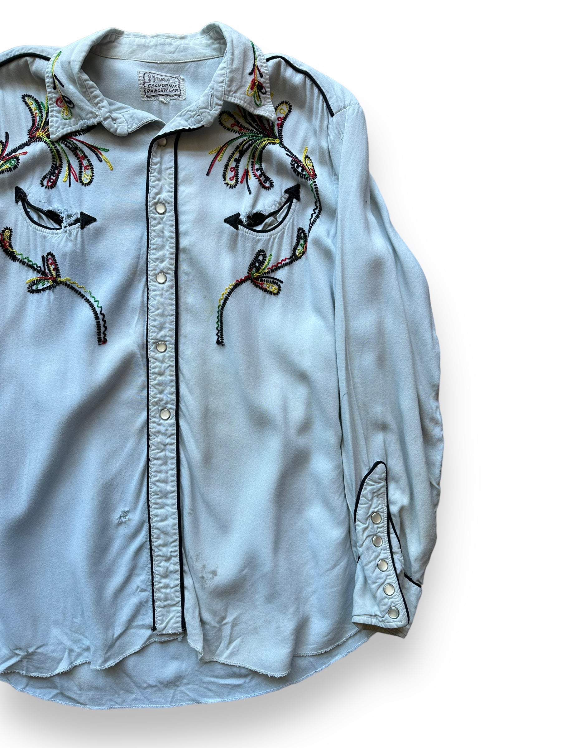 Front left of Vintage Distressed H-Bar-C Gabardine Western Shirt SZ L | Vintage Chainstitch Gabardine Seattle | Barn Owl Vintage Seattle