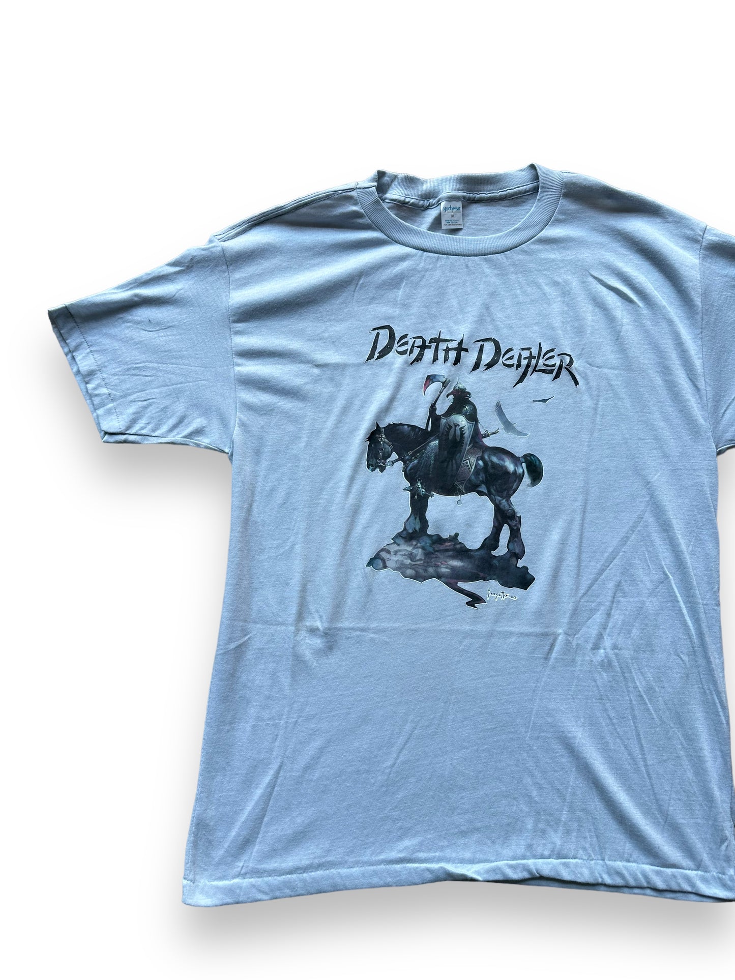 Front right of Vintage Frank Frazetta "Death Dealer" Tee SZ XL |  Vintage Art Tee Seattle | Barn Owl Vintage
