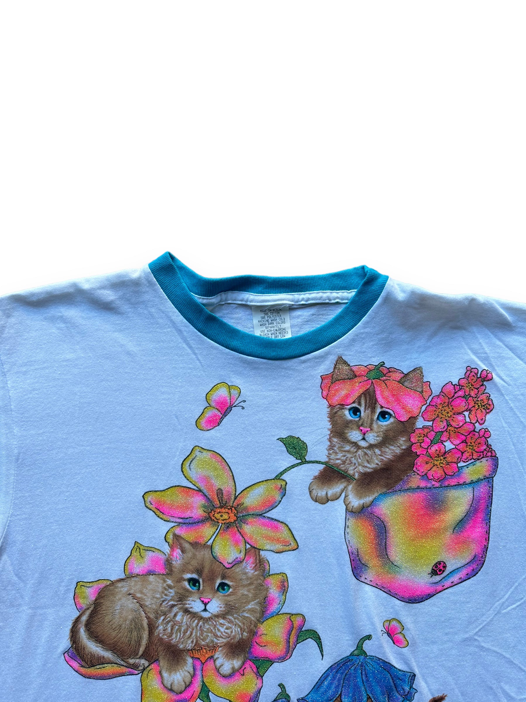 Collar of Vintage Blue Glitter Cat Ringer Tee SZ M |  Vintage Cat Tee Seattle | Barn Owl Vintage