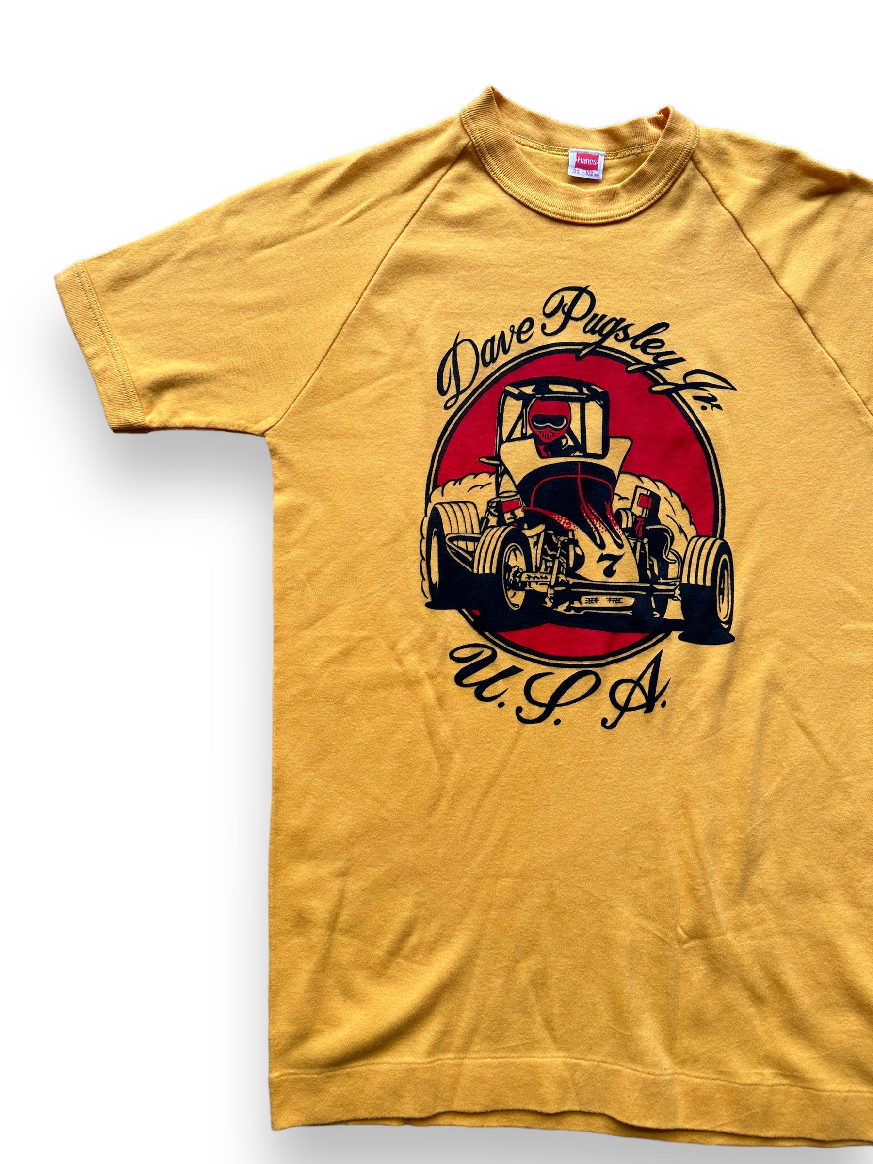 Front right of Vintage Dave Pugsley Jr Racer Tee SZ M |  Vintage Auto Tee Seattle | Barn Owl Vintage