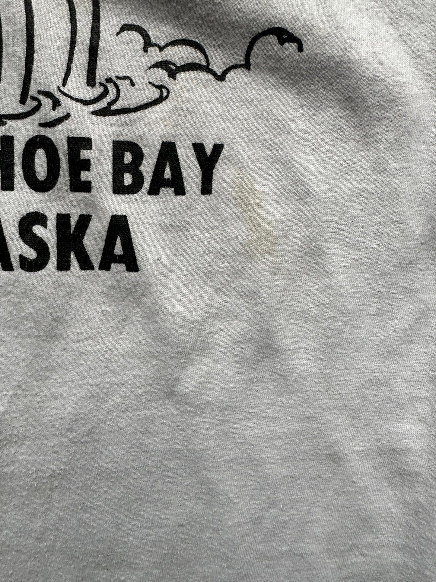 Stain on front of Vintage Happy Horse Hotel Prudhoe Bay Alaska Raglan Tee SZ S | Vintage Alaska T-Shirts Seattle | Barn Owl Vintage Tees Seattle