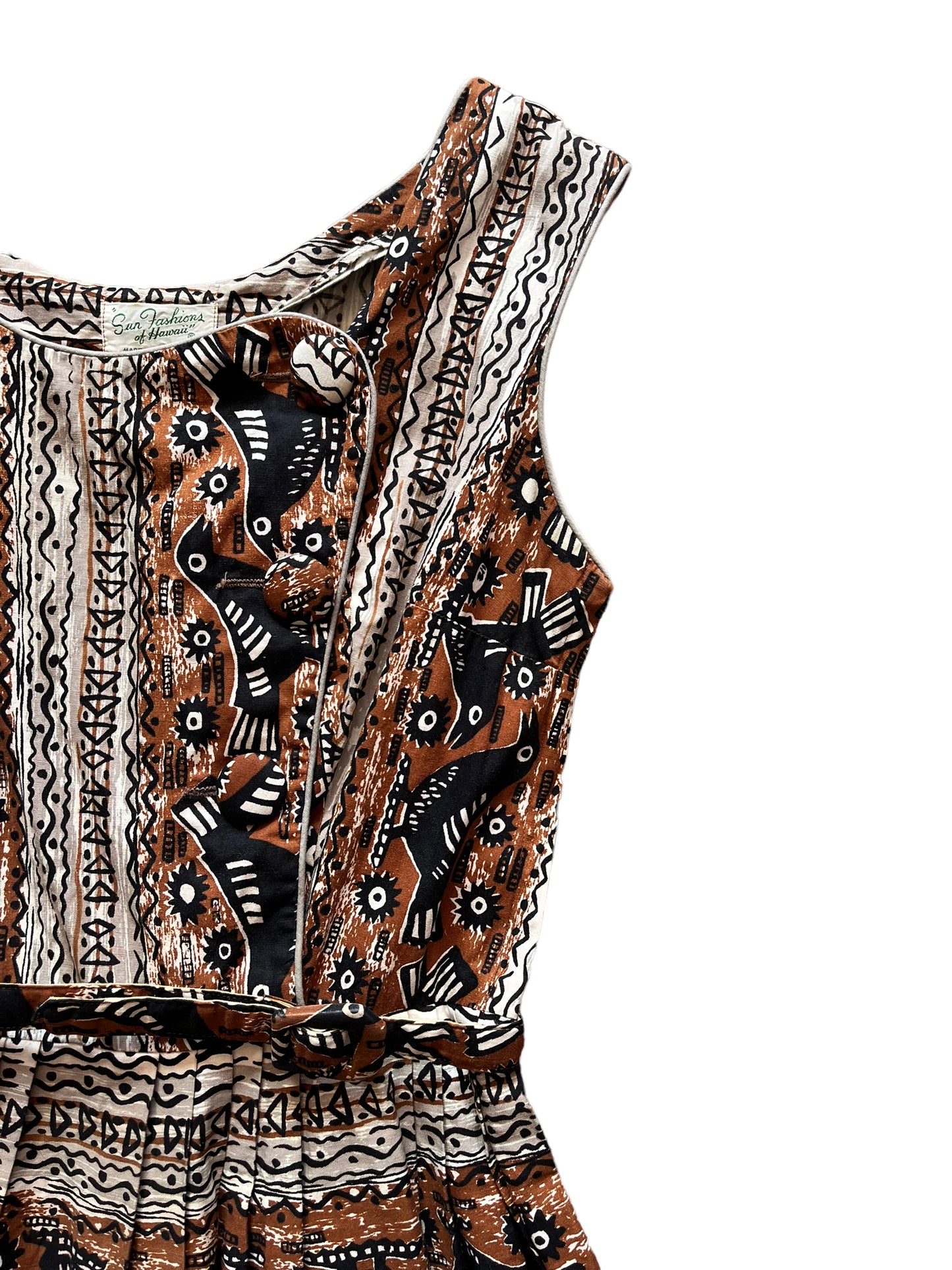 Front left shoulder view of Vintage 1950s Sun Fashions Hawaiian Dress