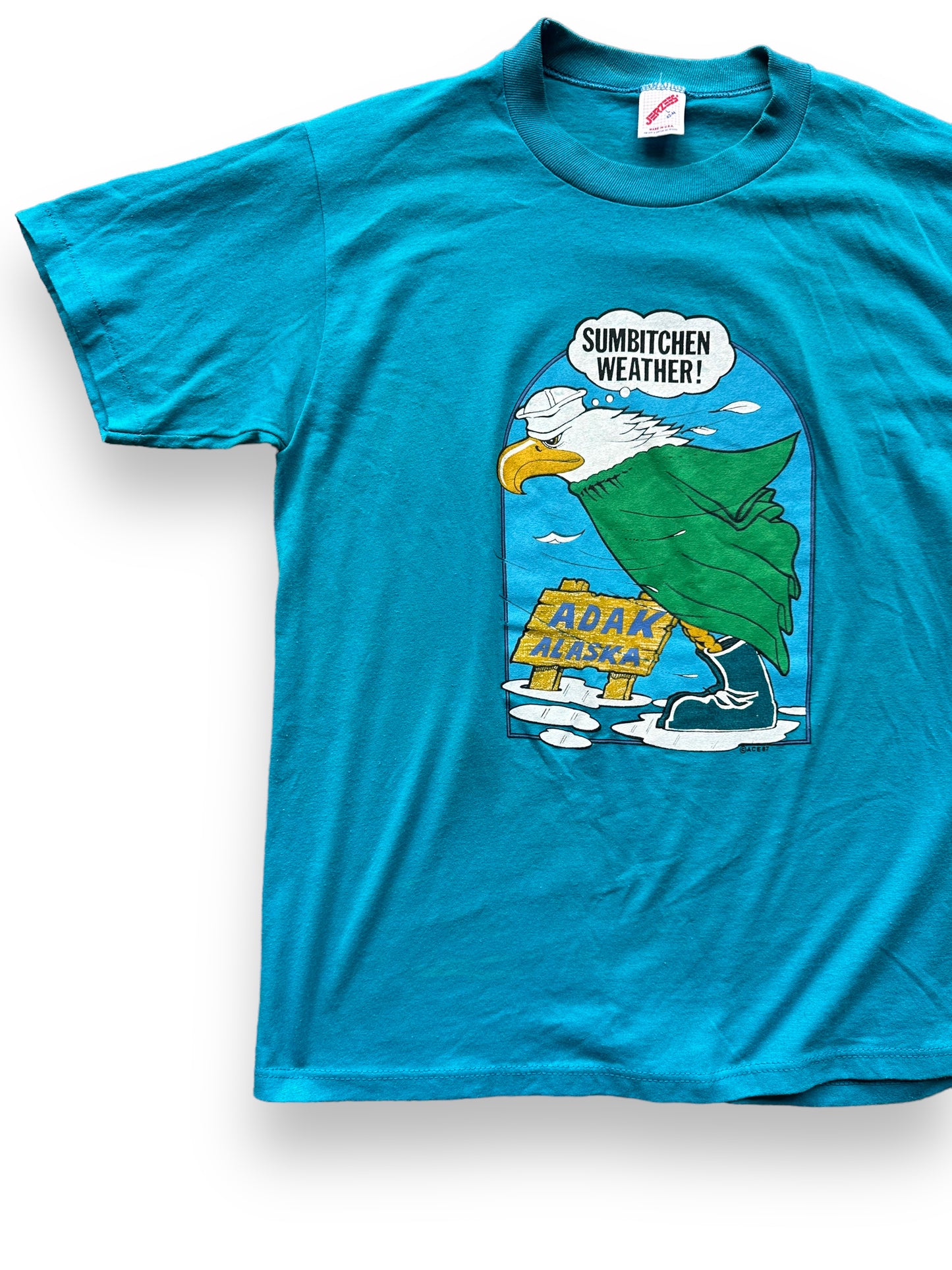 Front Right View of Vintage Sumbitchen Weather Adak Alaska Tee SZ L | Vintage Single Stitch Alaska T-Shirts Seattle | Barn Owl Vintage Tees Seattle