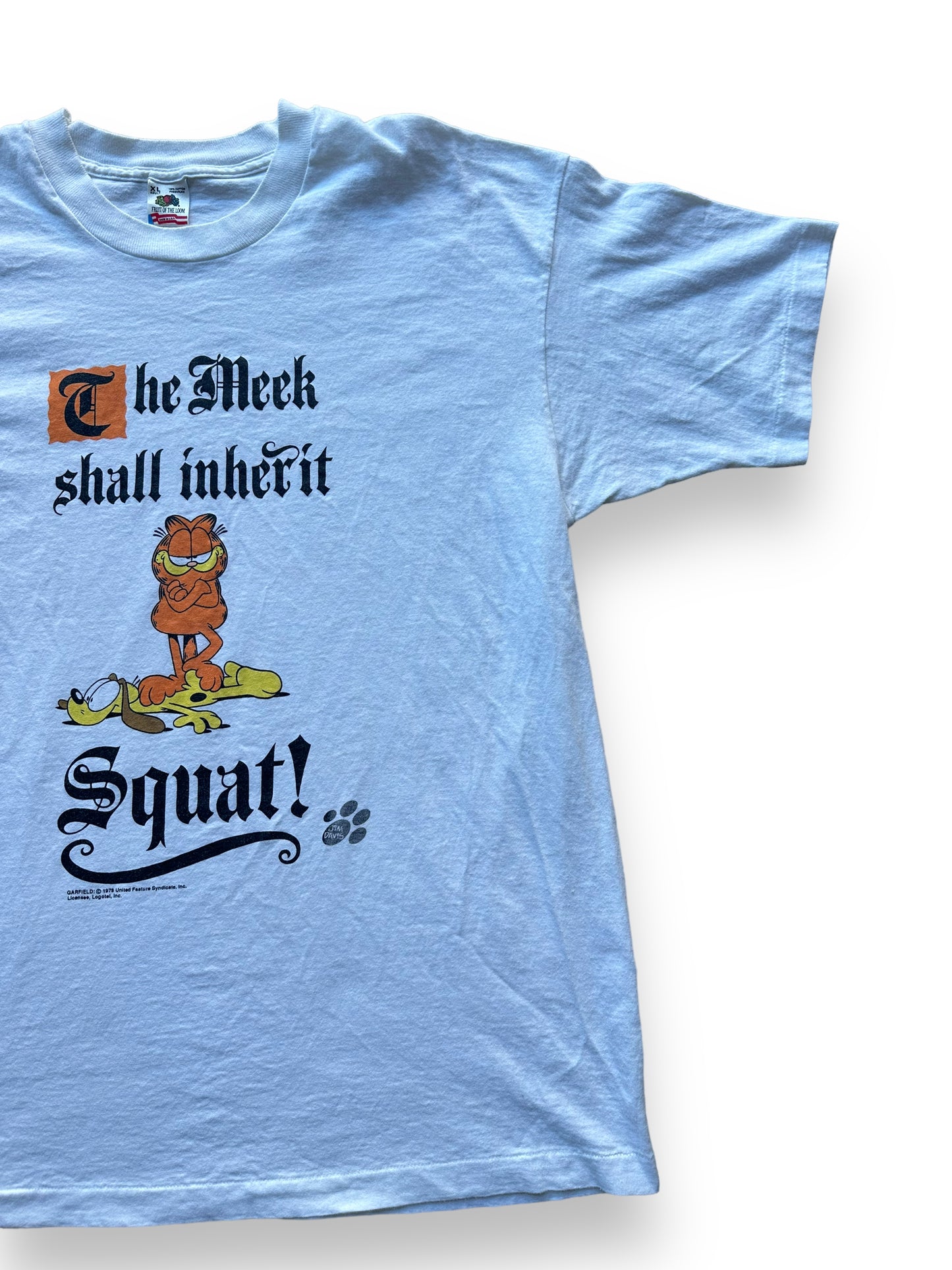 Front left of Vintage Garfield "The Meek Shall Inherit Squat" Tee SZ XL | Vintage Cat Tee Seattle | Barn Owl Vintage