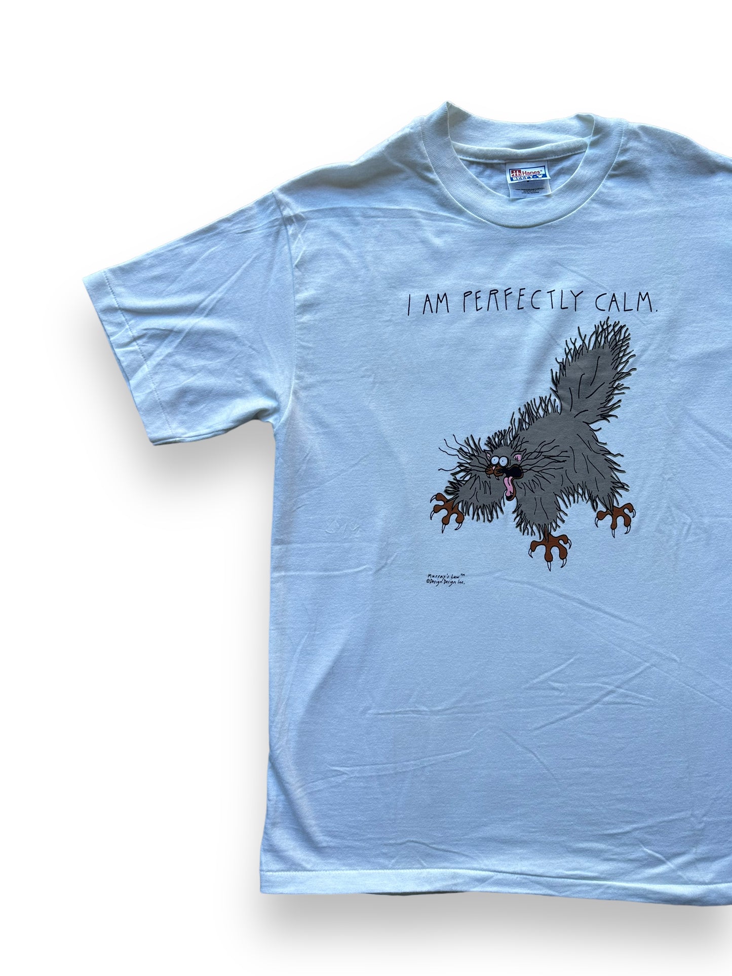 front right of Vintage "I am Perfectly Calm" Cat Tee SZ M | Vintage Cat Tee Seattle | Barn Owl Vintage