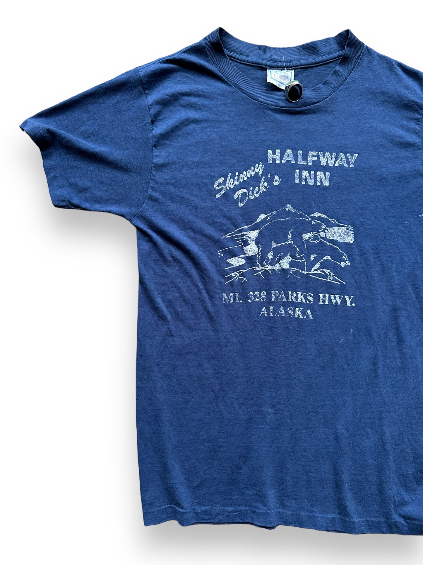 Front right of Vintage Skinny Dicks Halfway Inn Alaska Tee SZ L | Vintage Alaska T-Shirts Seattle | Barn Owl Vintage Tees Seattle
