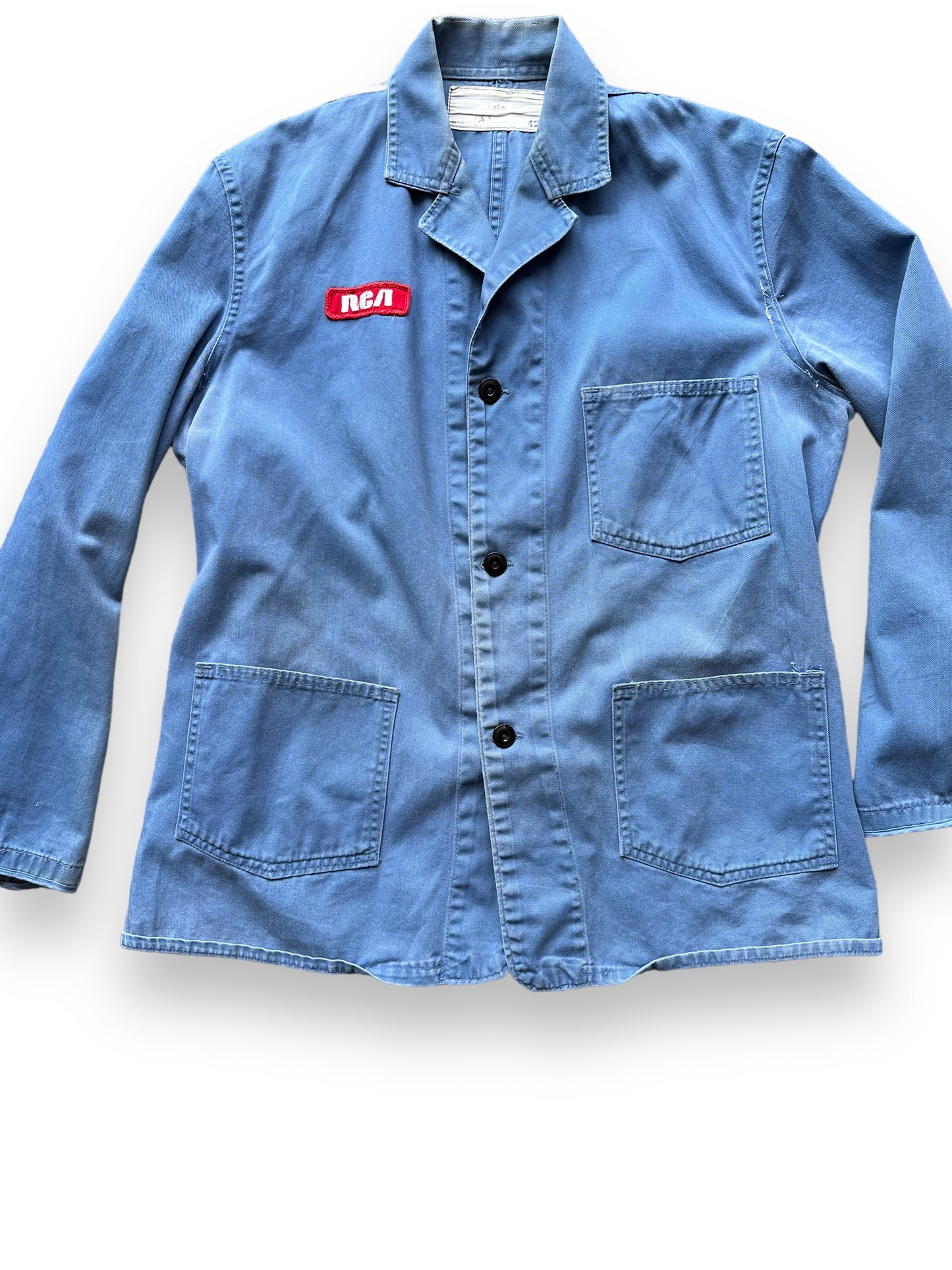 Front Detail on Vintage RCA TV Repair Shop Coat SZ XL | French Workwear Seattle | Barn Owl Vintage Goods Seattle