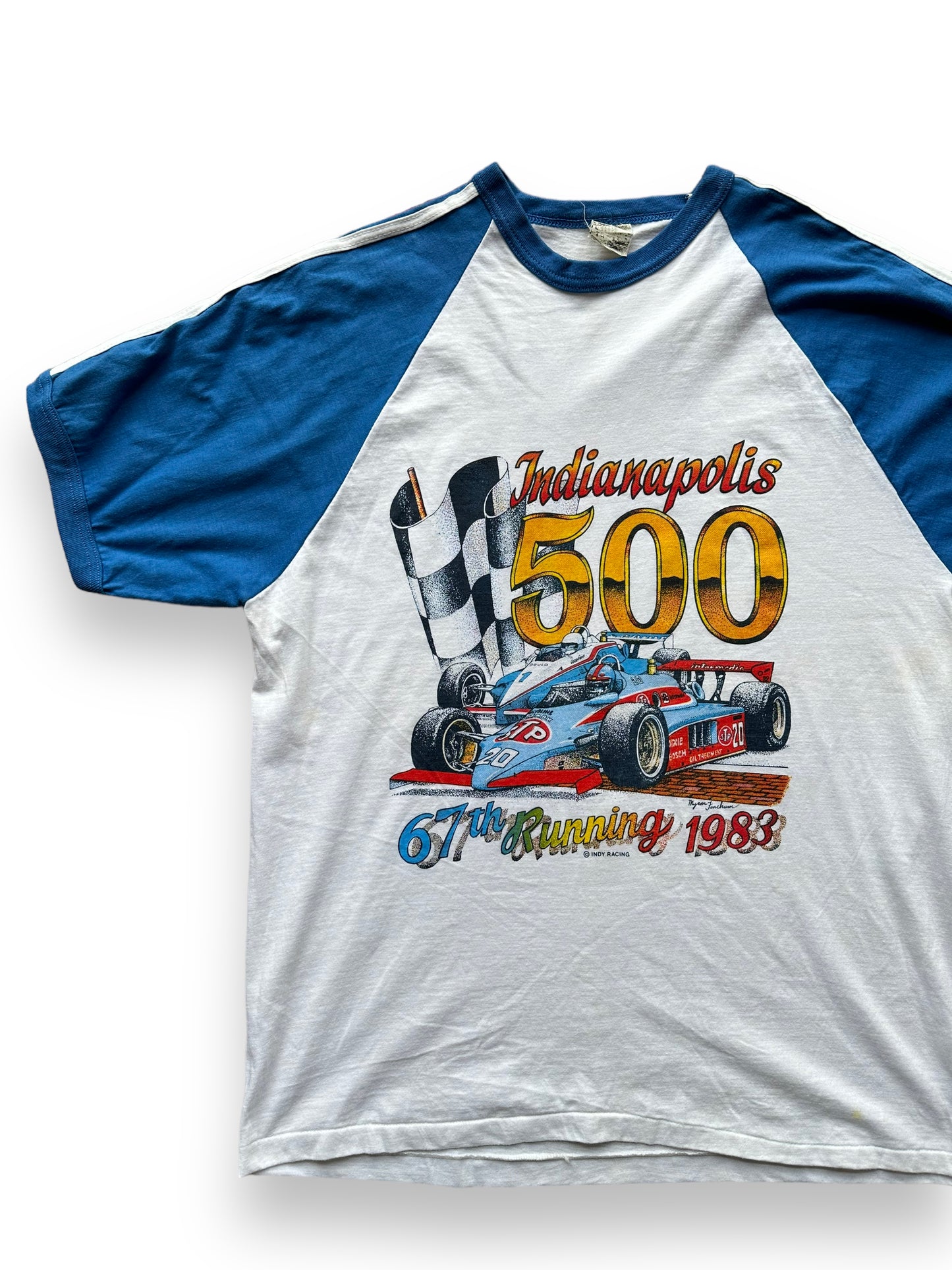 Front right of Vintage 1983 Indianapolis 500 Raglan Tee SZ M | Vintage Auto Tee Seattle | Barn Owl Vintage