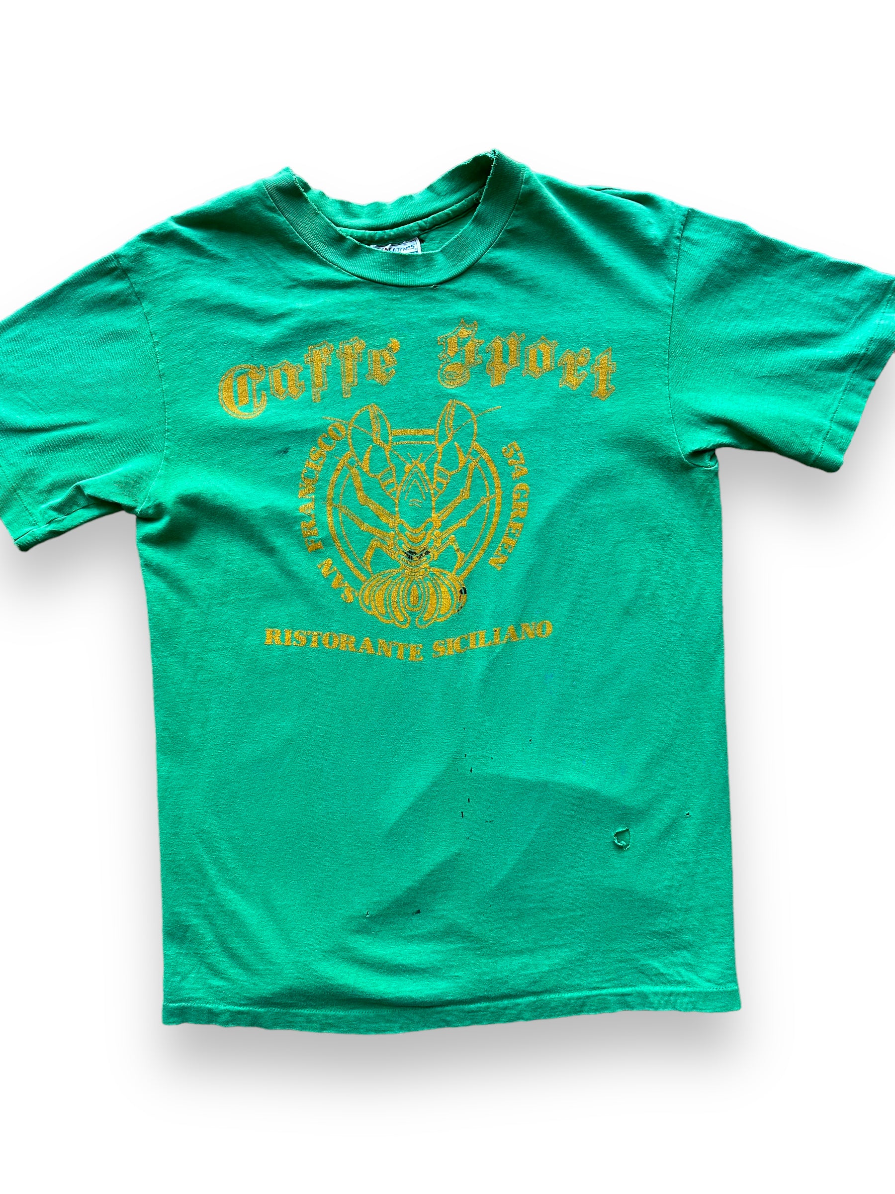 Front close up of Vintage Distressed Seafood Restaurant Tee SZ M |  Vintage Fishing Tee Seattle | Barn Owl Vintage