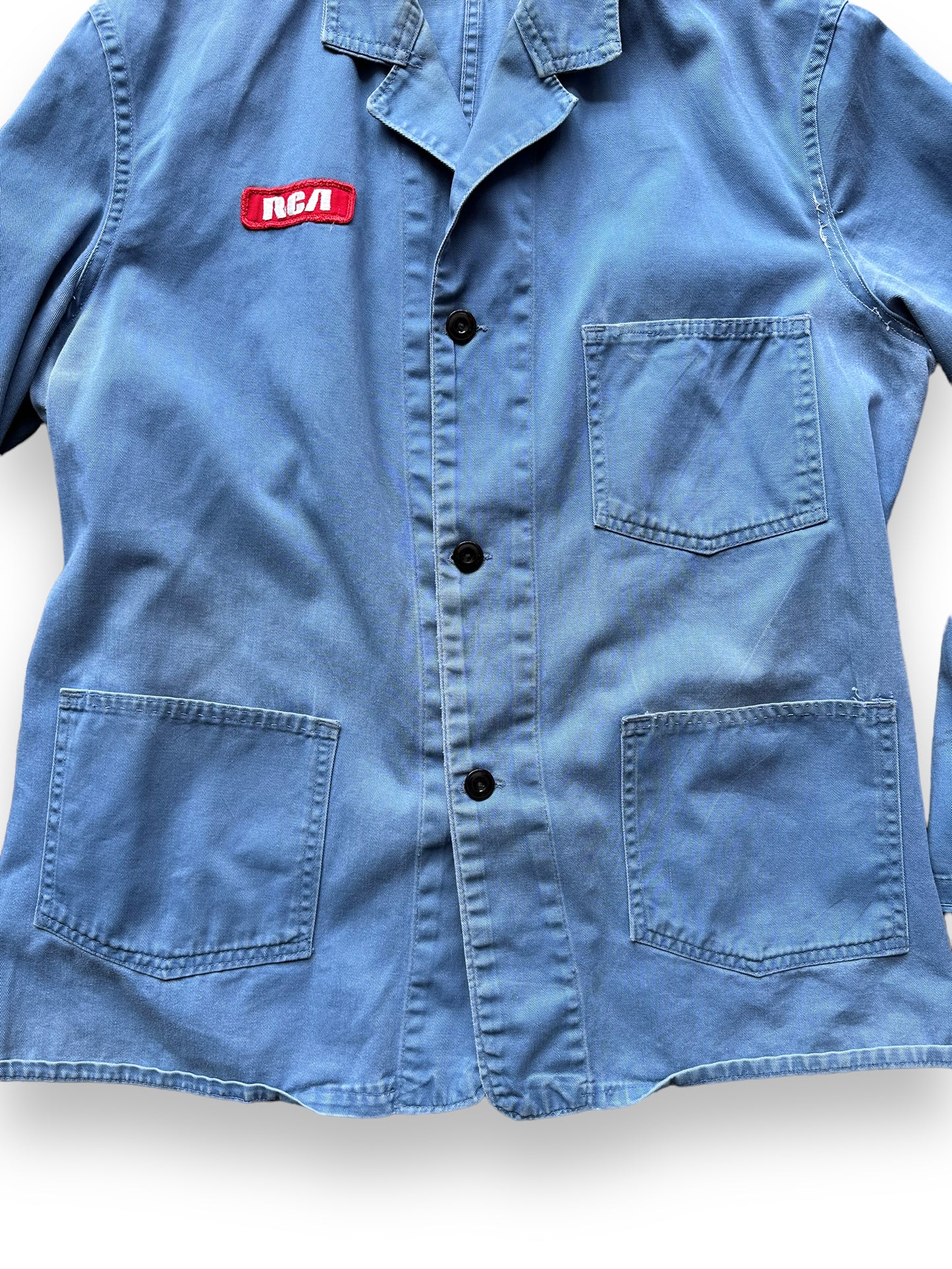 Lower Front View of Vintage RCA TV Repair Shop Coat SZ XL | French Workwear Seattle | Barn Owl Vintage Goods Seattle