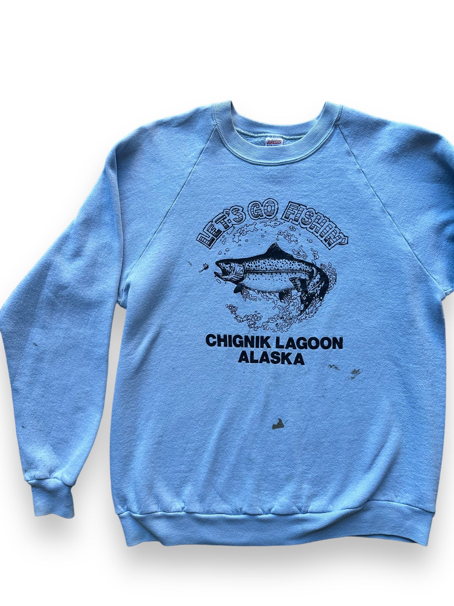 Front right of Vintage "Let's Go Fishing" Chignik Lagoon Alaska Crewneck SZ XL | Vintage Fishing Sweatshirt Seattle | Barn Owl Vintage