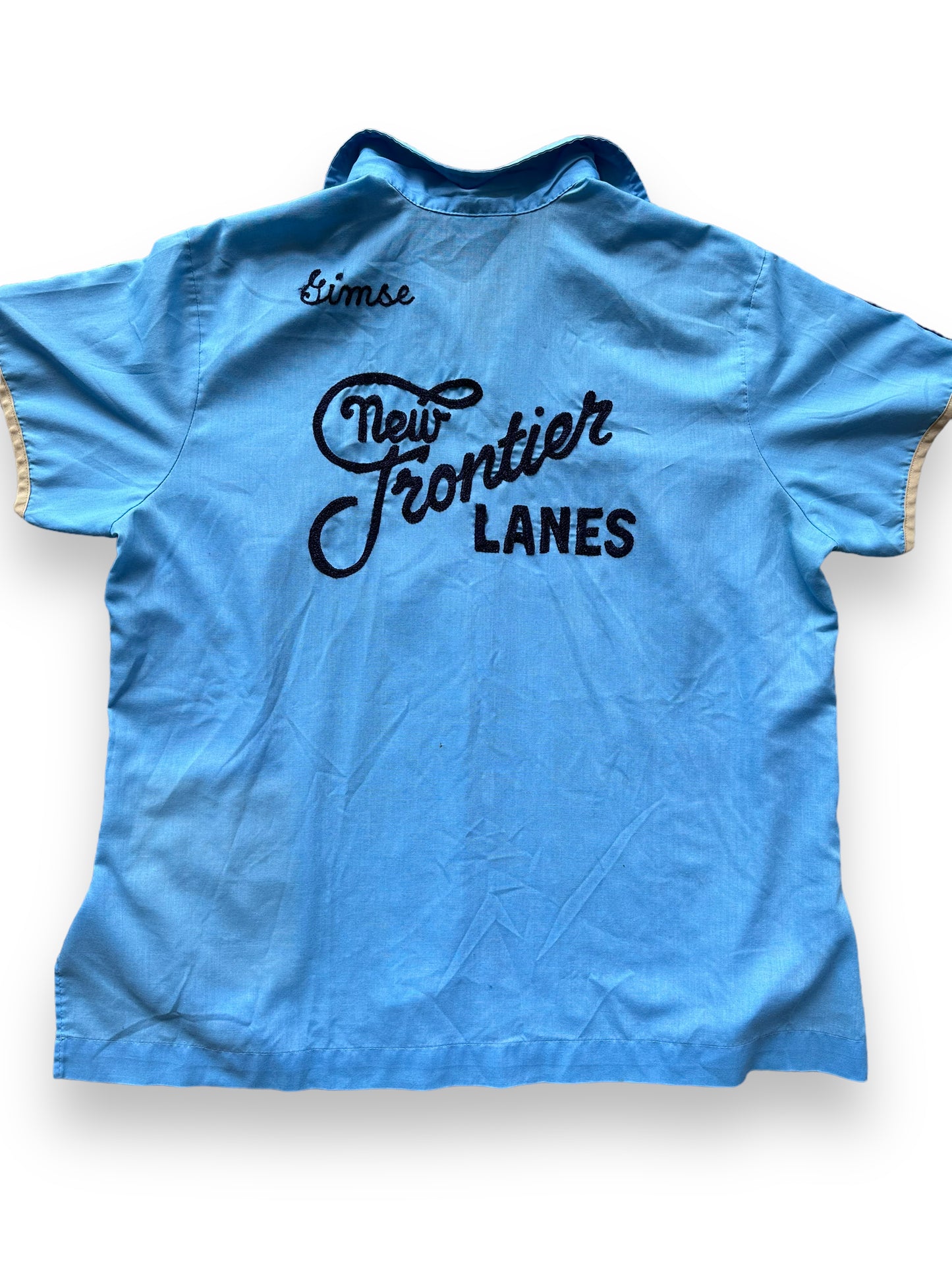Back close up of Vintage "New Frontier Lanes" Chainstitched Bowling Shirt SZ 40 | Vintage Bowling Shirt Seattle | Barn Owl Vintage Seattle