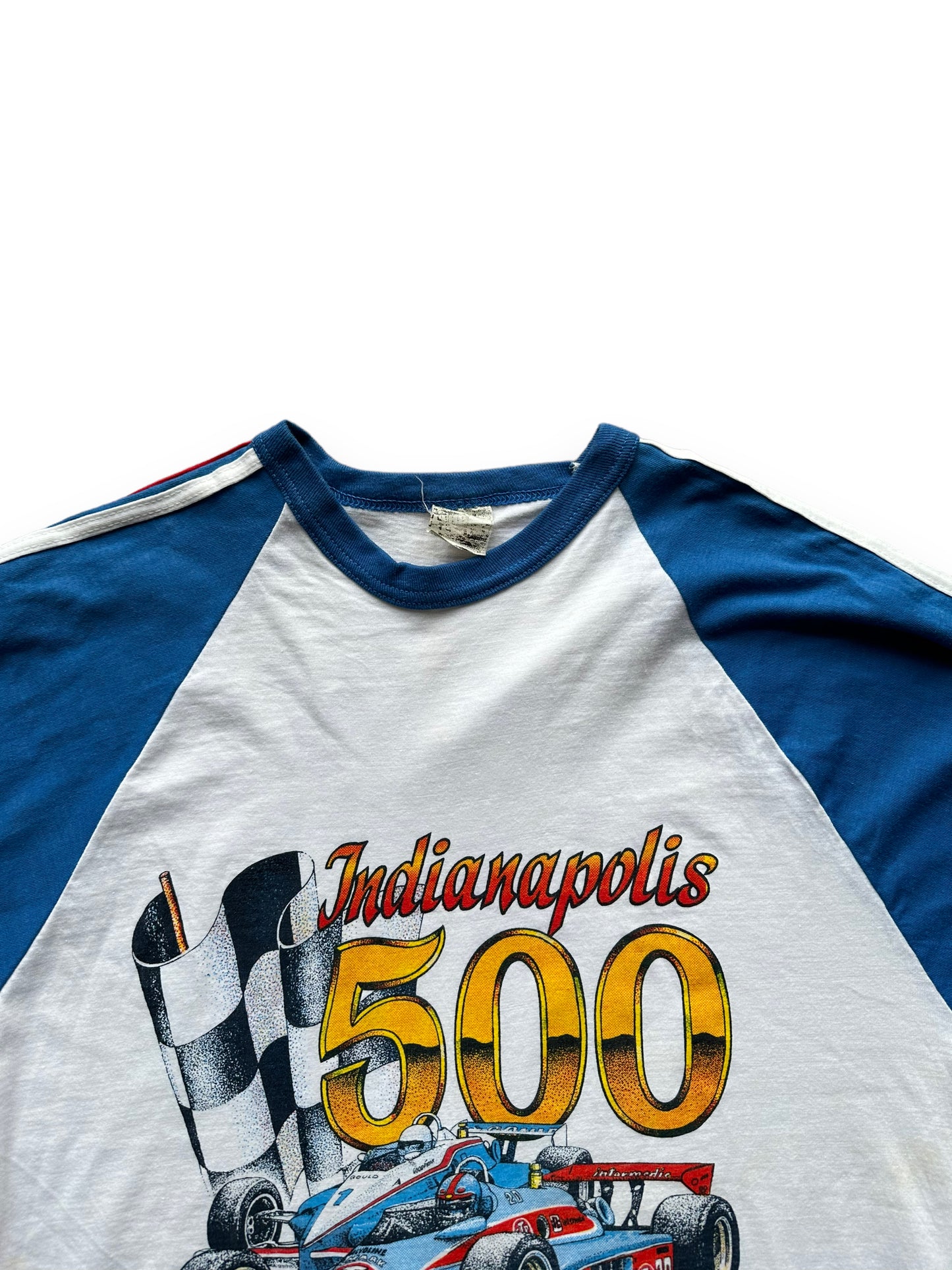 Collar of Vintage 1983 Indianapolis 500 Raglan Tee SZ M | Vintage Auto Tee Seattle | Barn Owl Vintage