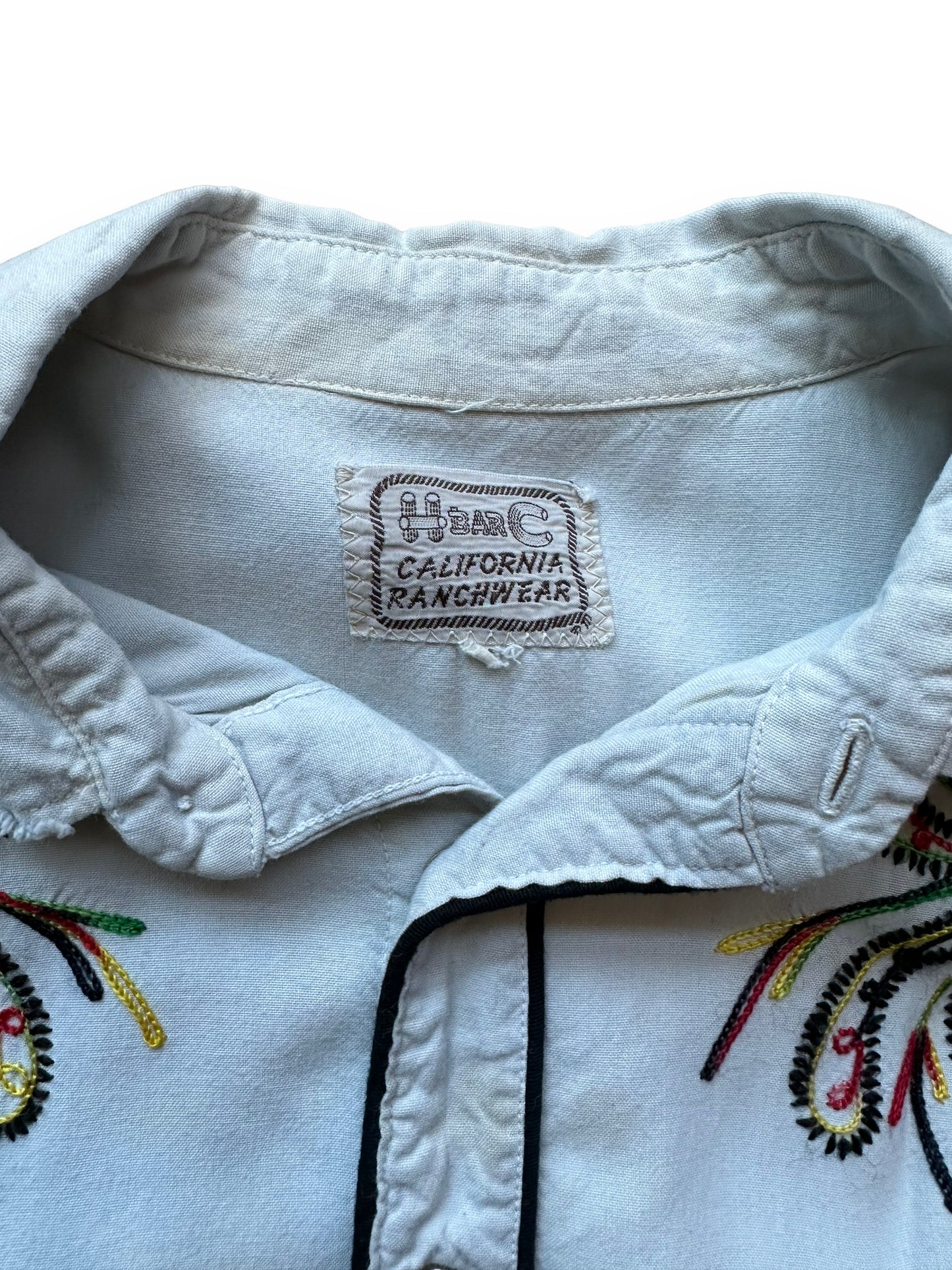 Tag shot of Vintage Distressed H-Bar-C Gabardine Western Shirt SZ L | Vintage Chainstitch Gabardine Seattle | Barn Owl Vintage Seattle