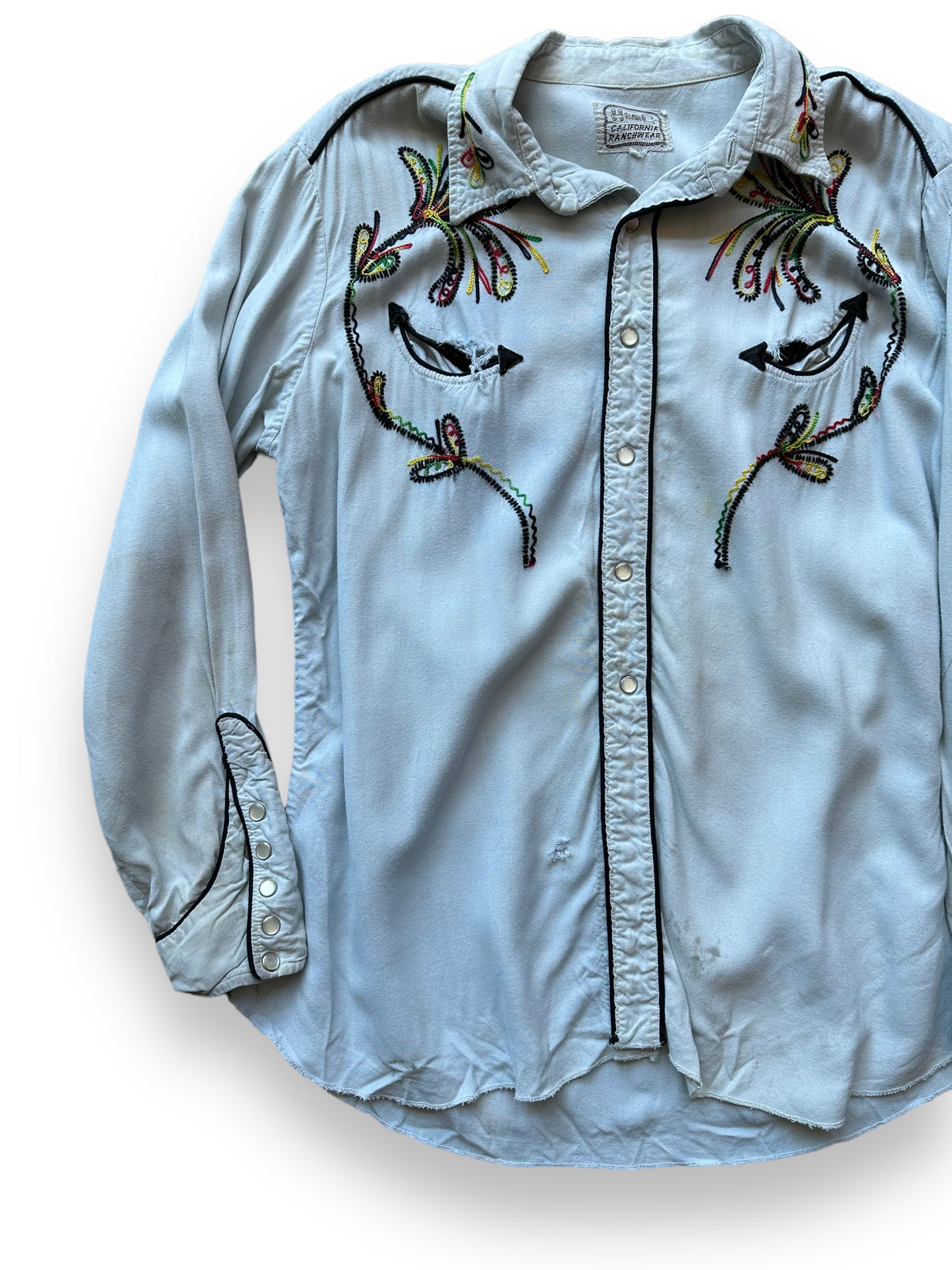 Front right of Vintage Distressed H-Bar-C Gabardine Western Shirt SZ L | Vintage Chainstitch Gabardine Seattle | Barn Owl Vintage Seattle