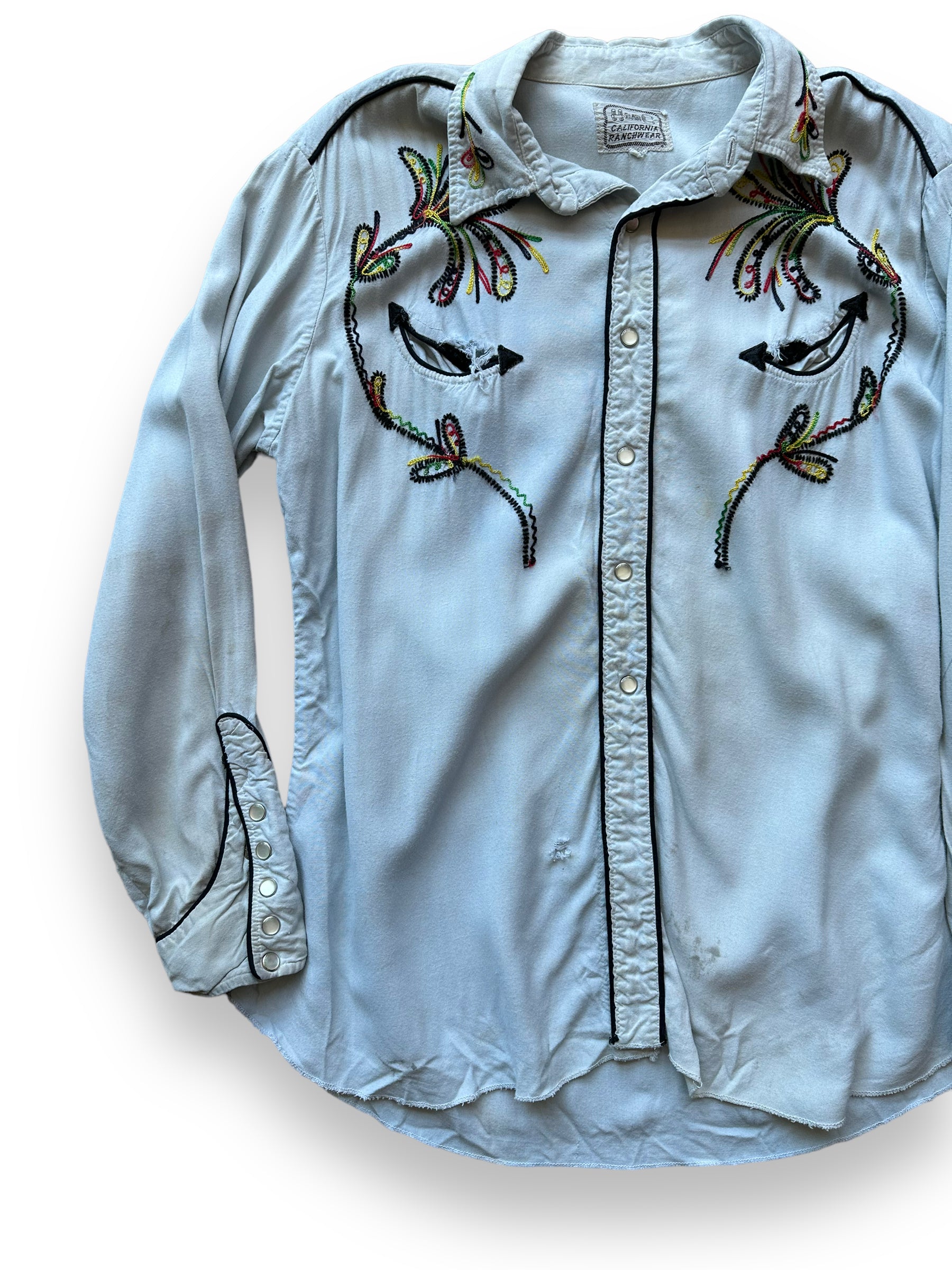 Front right of Vintage Distressed H-Bar-C Gabardine Western Shirt SZ L | Vintage Chainstitch Gabardine Seattle | Barn Owl Vintage Seattle
