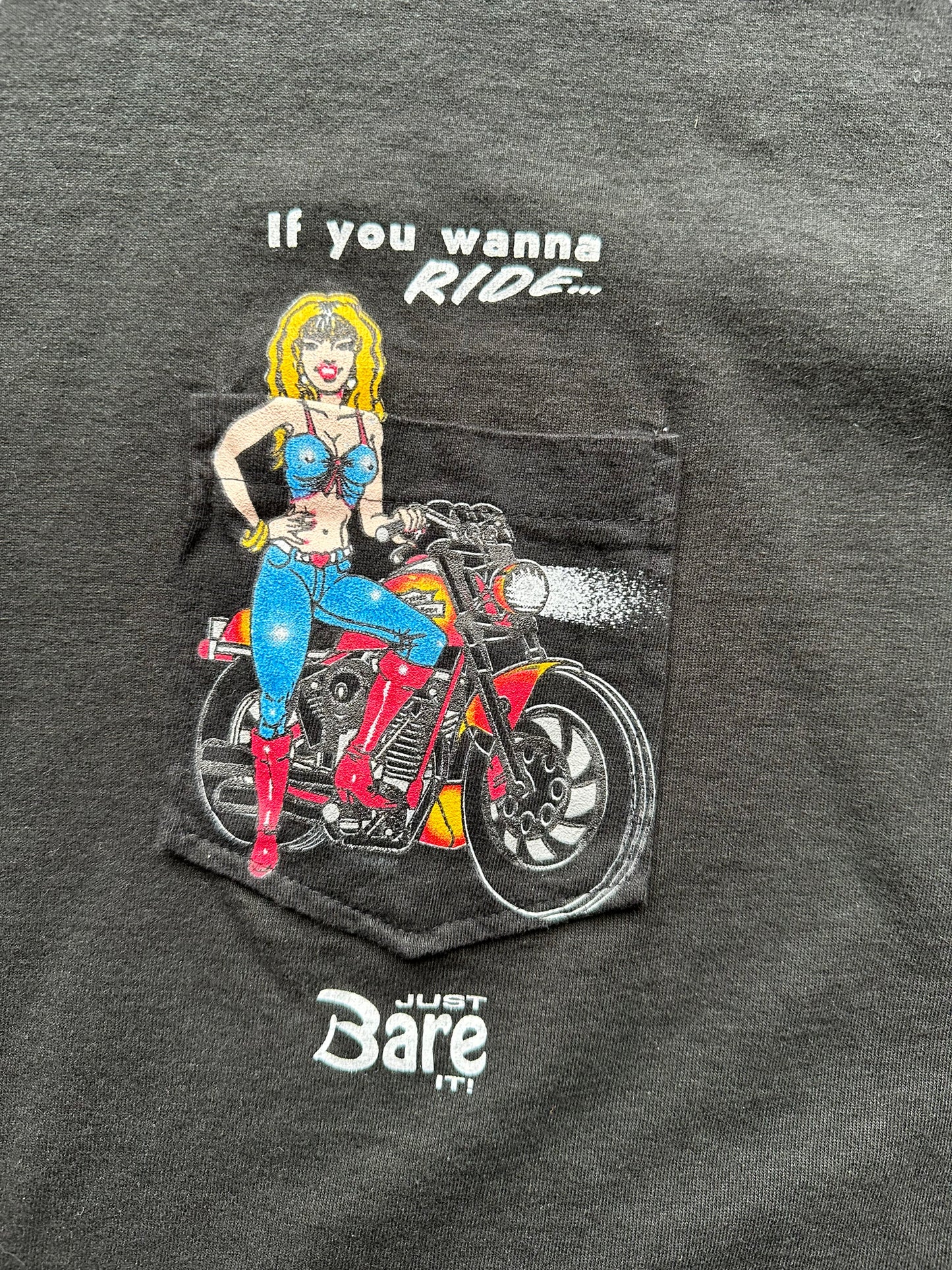 Pocket shot of Vintage 1990s Raunchy Motorcycle Pocket Tee SZ XL | Vintage Harley Tee | Barn Owl Vintage Seattle