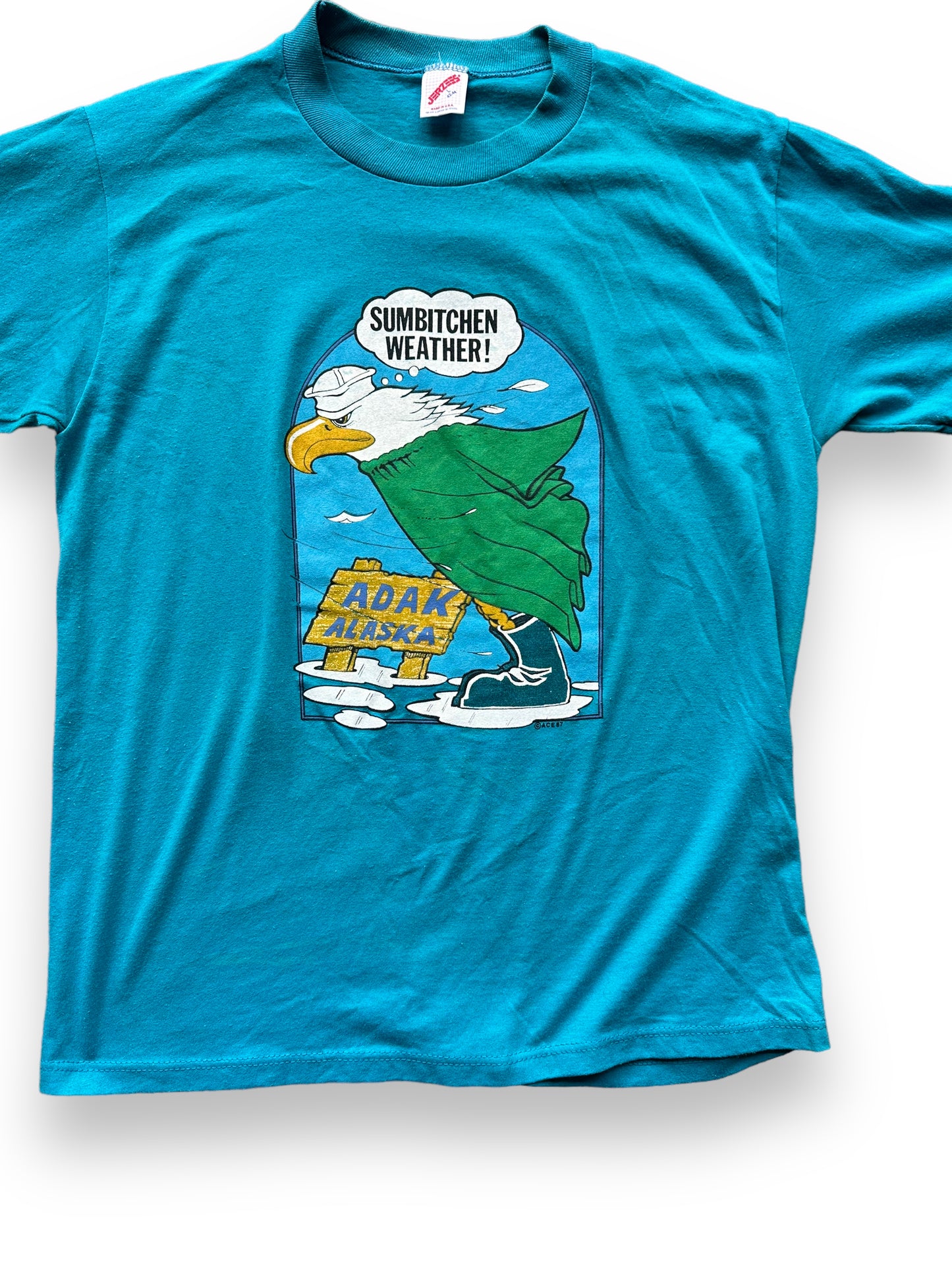 Front Detail on Vintage Sumbitchen Weather Adak Alaska Tee SZ L | Vintage Single Stitch Alaska T-Shirts Seattle | Barn Owl Vintage Tees Seattle