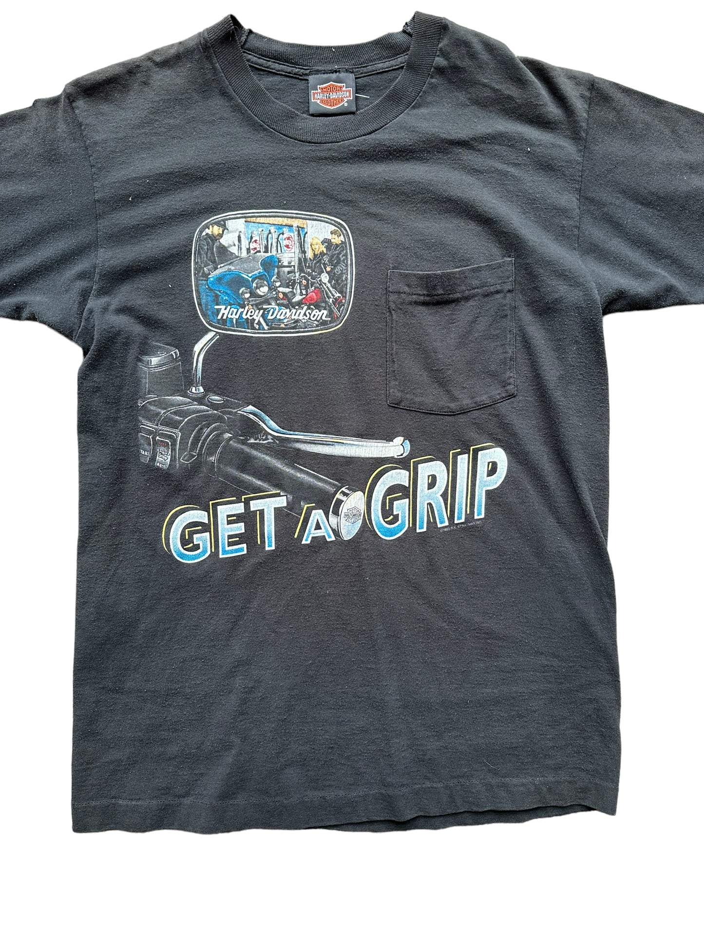 Front close up of Vintage Harley Davidson Get a Grip Pocket Tee SZ M | Vintage Harley Tee | Barn Owl Vintage Seattle