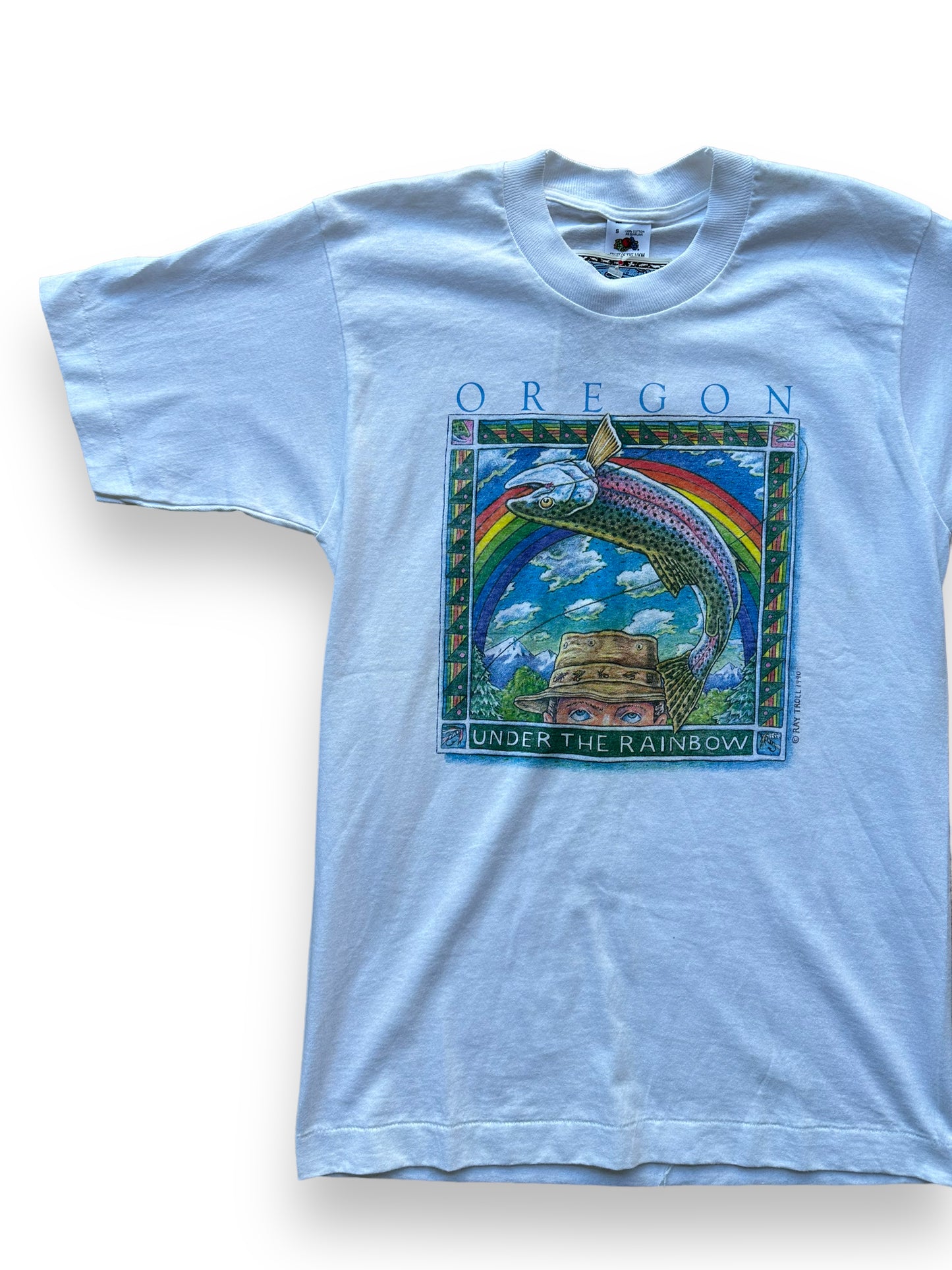 Front right of Vintage Ray Troll Deadstock Oregon "Under the Rainbow" Tee SZ S | Vintage Fishing Tee Seattle | Barn Owl Vintage