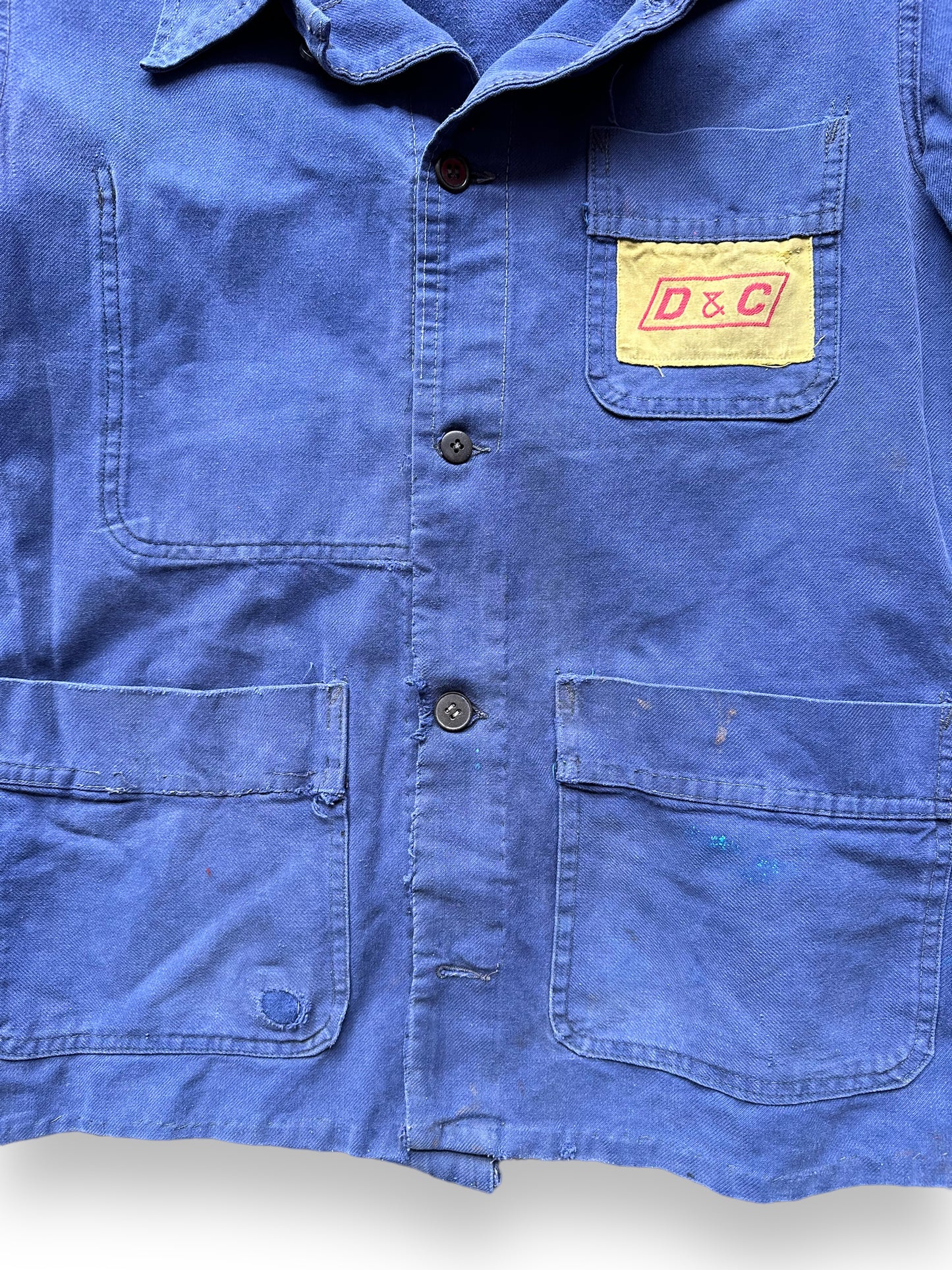 Front Up Close Detail on Vintage Moleskin French Workwear Jacket SZ M | Vintage European Workwear Seattle | Barn Owl Vintage Goods Seattle