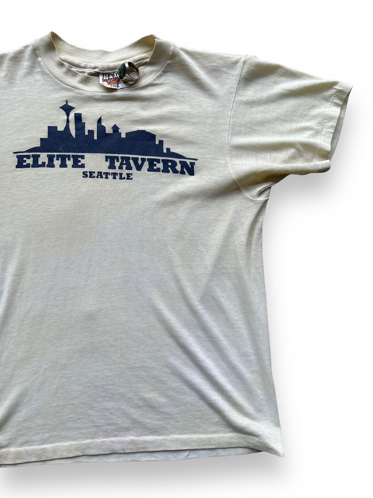 Front Left View of Vintage Elite Tavern Seattle Tee SZ S | Vintage Single Stitch T-Shirts Seattle | Barn Owl Vintage Tees Seattle
