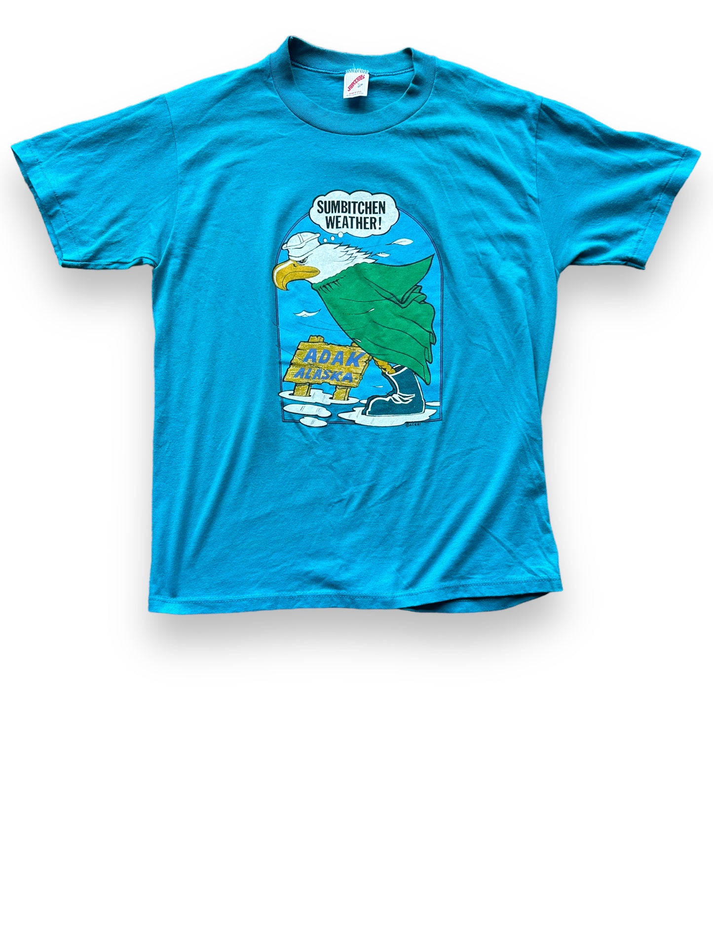 Front View of Vintage Sumbitchen Weather Adak Alaska Tee SZ L | Vintage Single Stitch Alaska T-Shirts Seattle | Barn Owl Vintage Tees Seattle