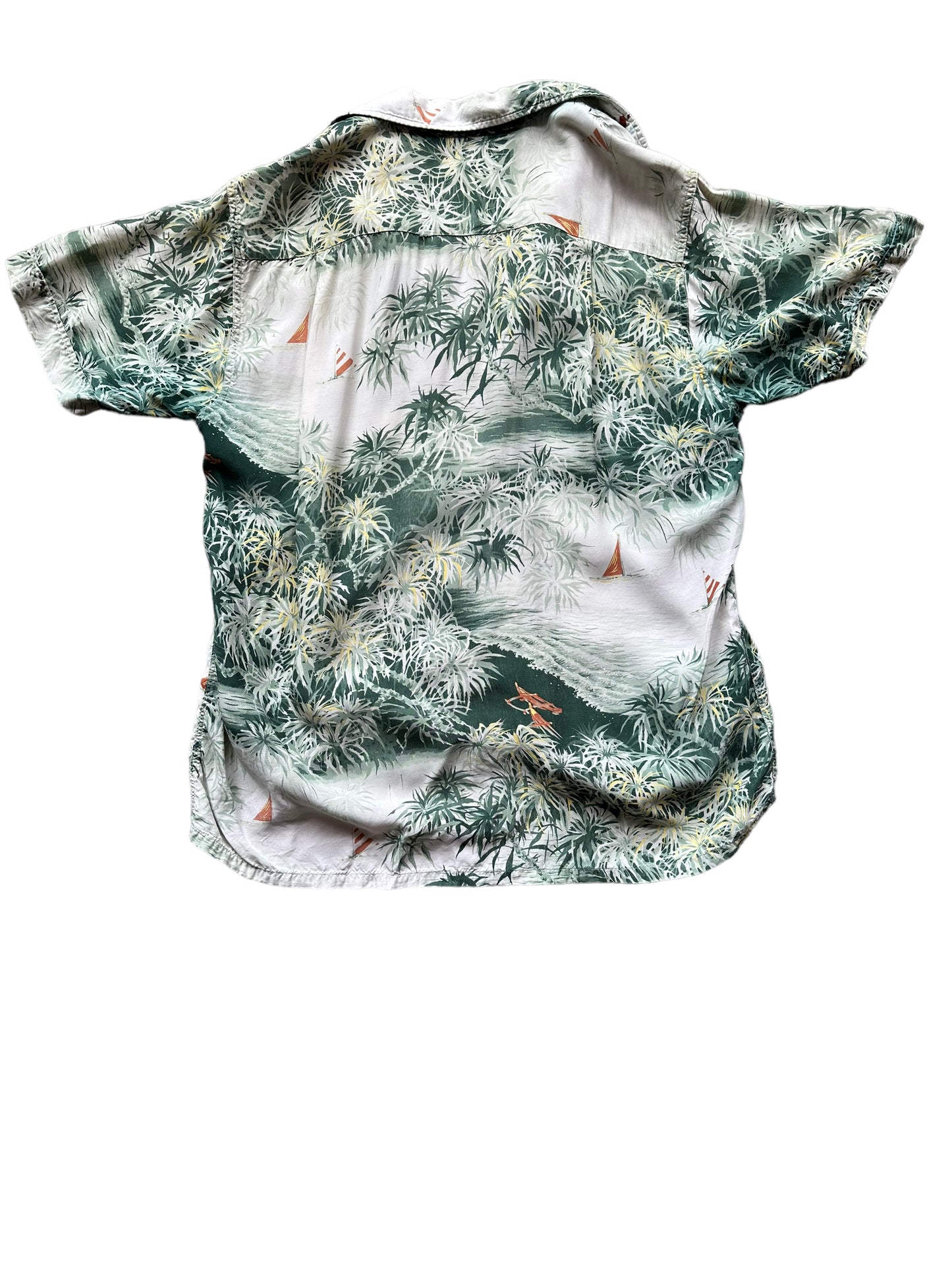 Back shot of Vintage Made in Japan Penney's Green Floral Aloha Shirt SZ M | Seattle Vintage Rayon Hawaiian Shirt | Barn Owl Vintage Clothing Seattle