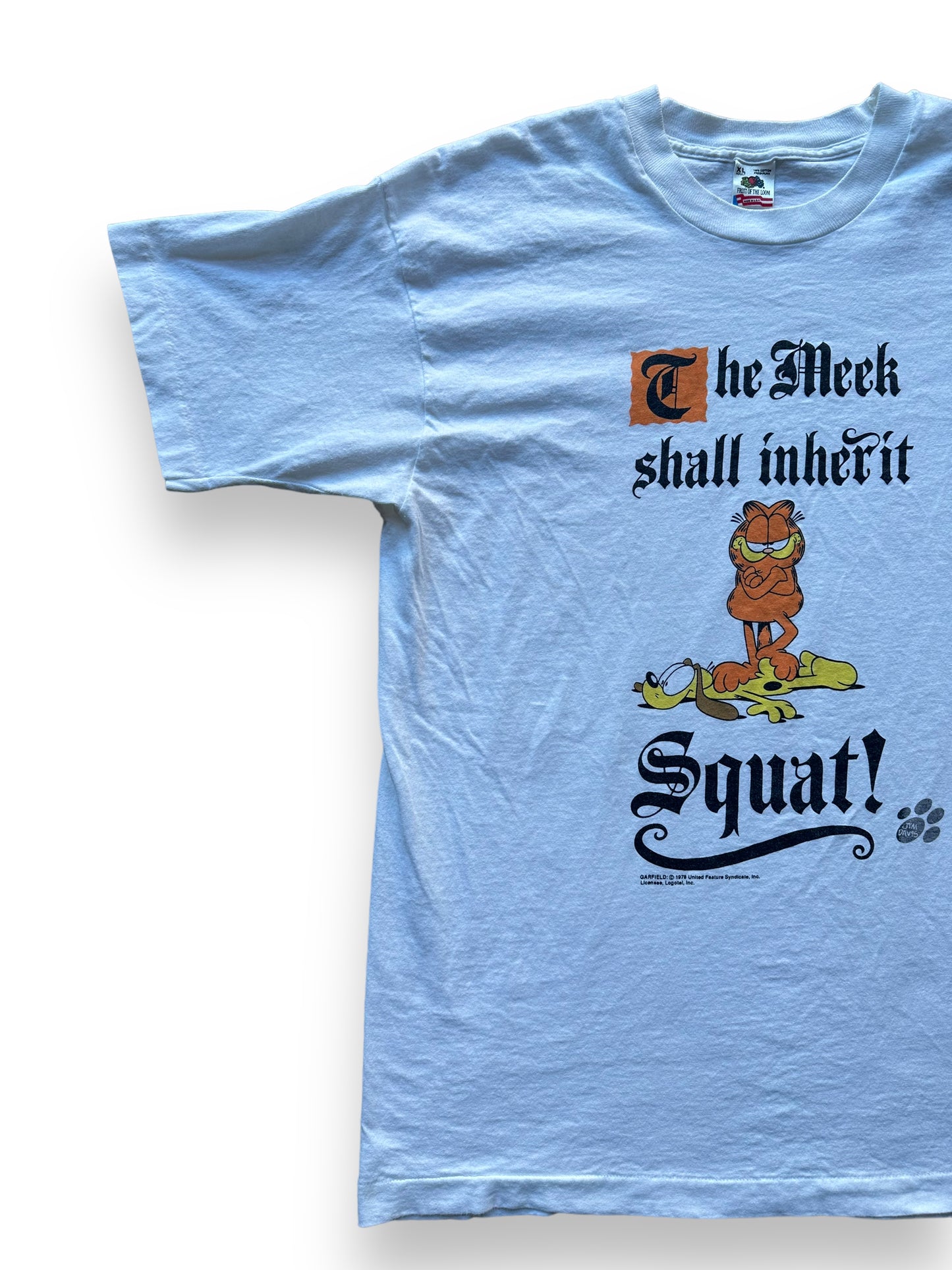 Front right of Vintage Garfield "The Meek Shall Inherit Squat" Tee SZ XL | Vintage Cat Tee Seattle | Barn Owl Vintage