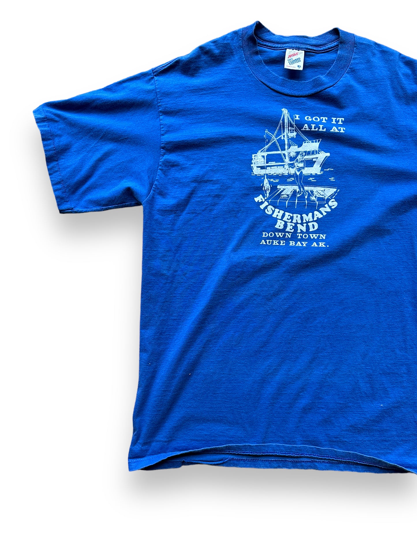 Front right of Vintage Fishermens Bend Alaska Tee SZ XL | Vintage Alaska T-Shirts Seattle | Barn Owl Vintage Tees Seattle