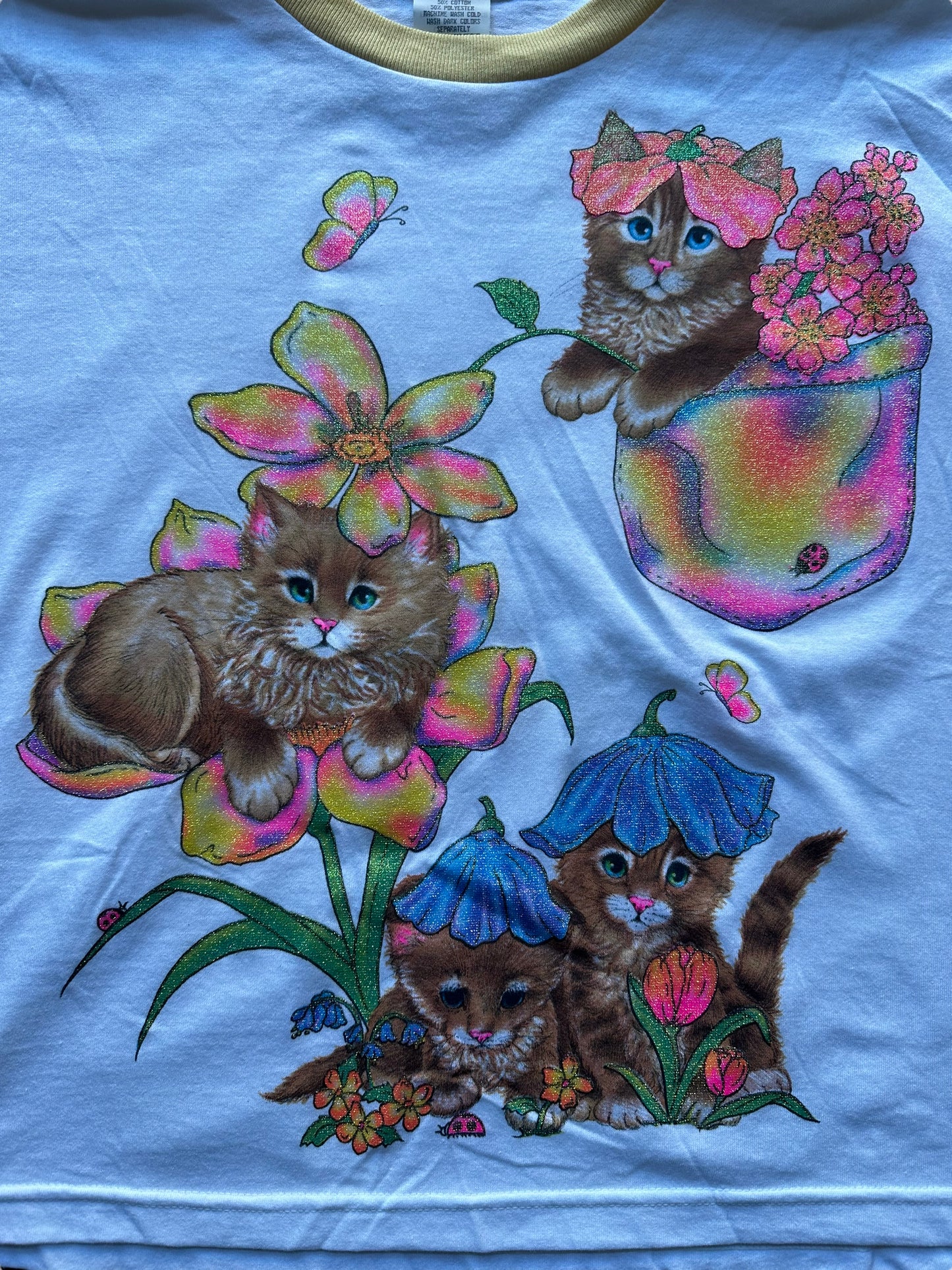 Graphic of Vintage Yellow Glitter Cat Ringer Tee SZ M | Vintage Cat Tee Seattle | Barn Owl Vintage