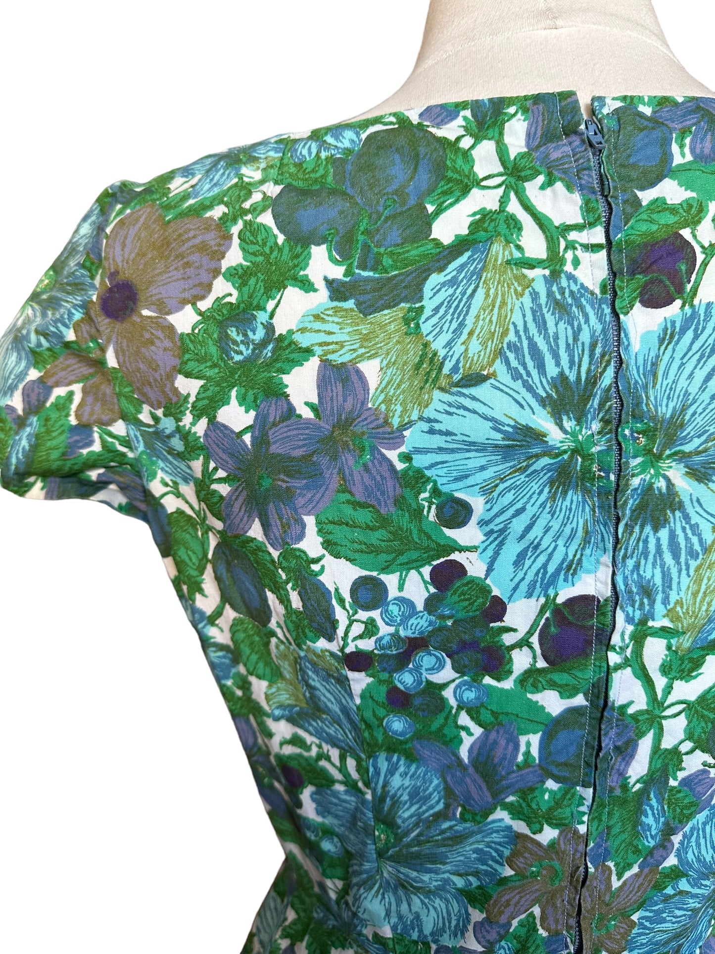 Back left top view of Vintage 1950s Blue Floral Cotton Dress | Barn Owl True Vintage | Seattle Vintage Dresses