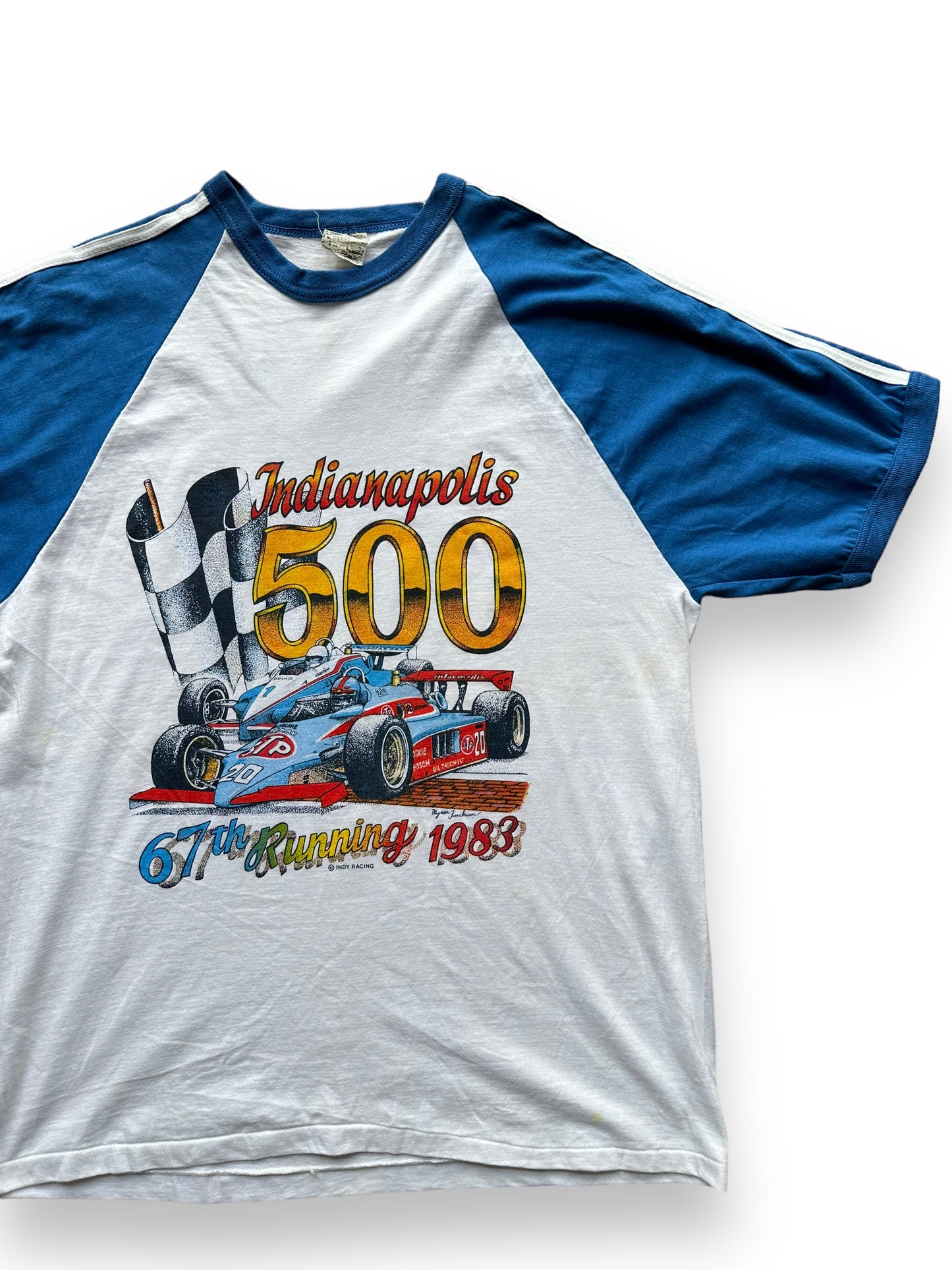 Front left of Vintage 1983 Indianapolis 500 Raglan Tee SZ M | Vintage Auto Tee Seattle | Barn Owl Vintage