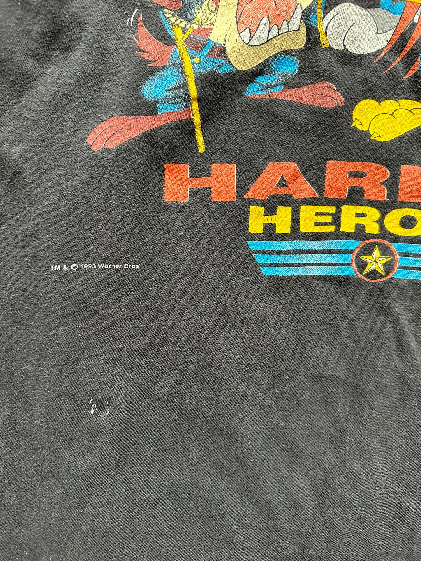 Damage on Vintage 1993 Looney Tunes Harley Davidson Tee SZ L | Vintage Harley Tee | Barn Owl Vintage Seattle